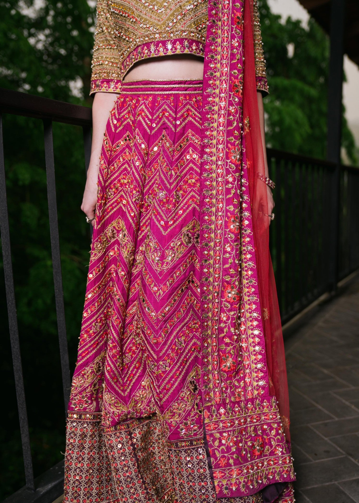 silk Lehenga in Red, plum, green
