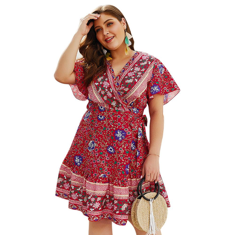 V-neck print plus size dress