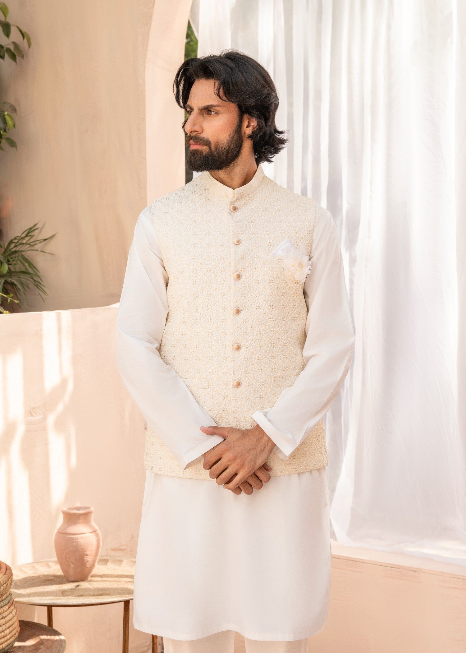 raw silk Waistcoat in Cream
