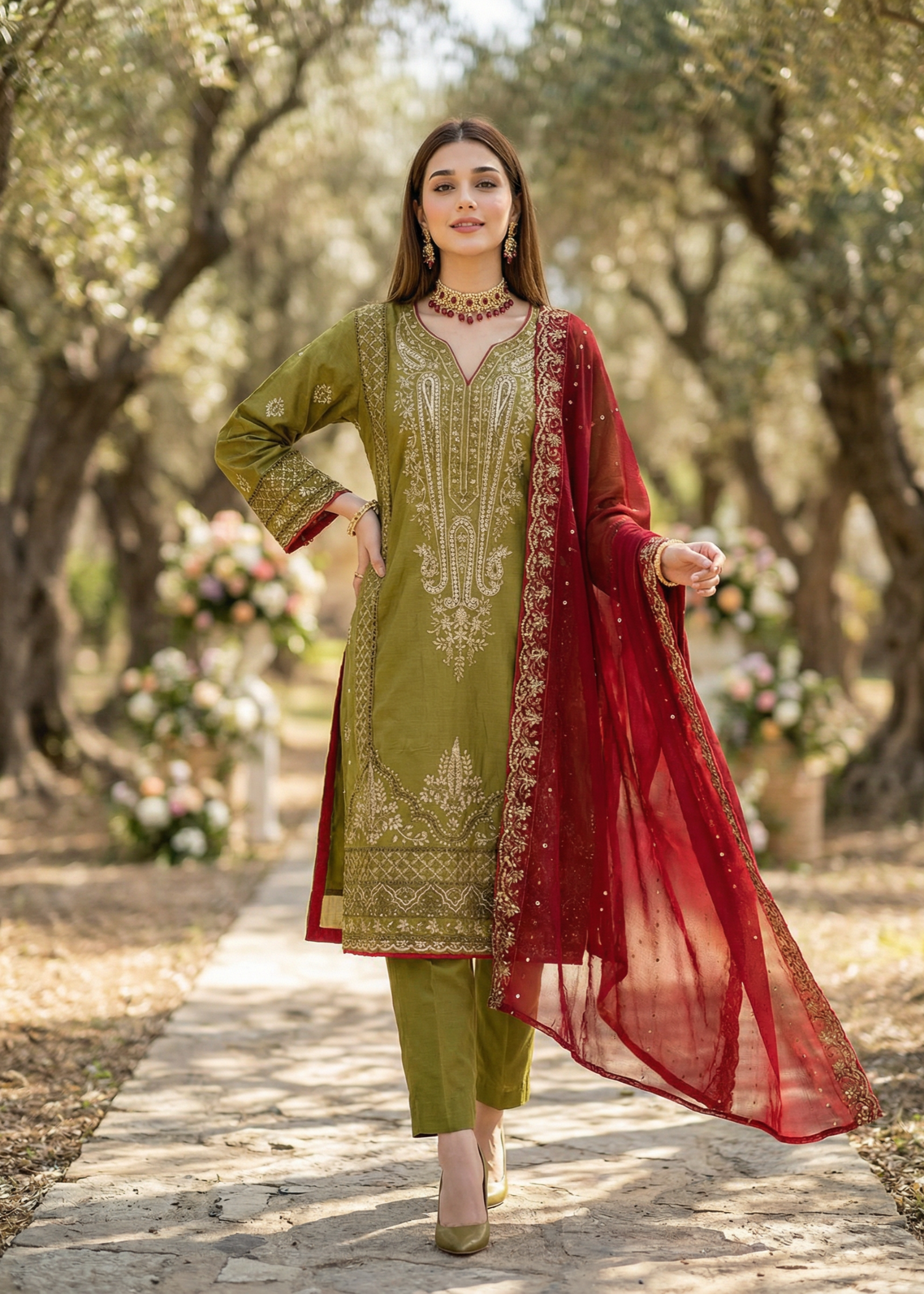 lawn Kurta Set in Olive green, maroon