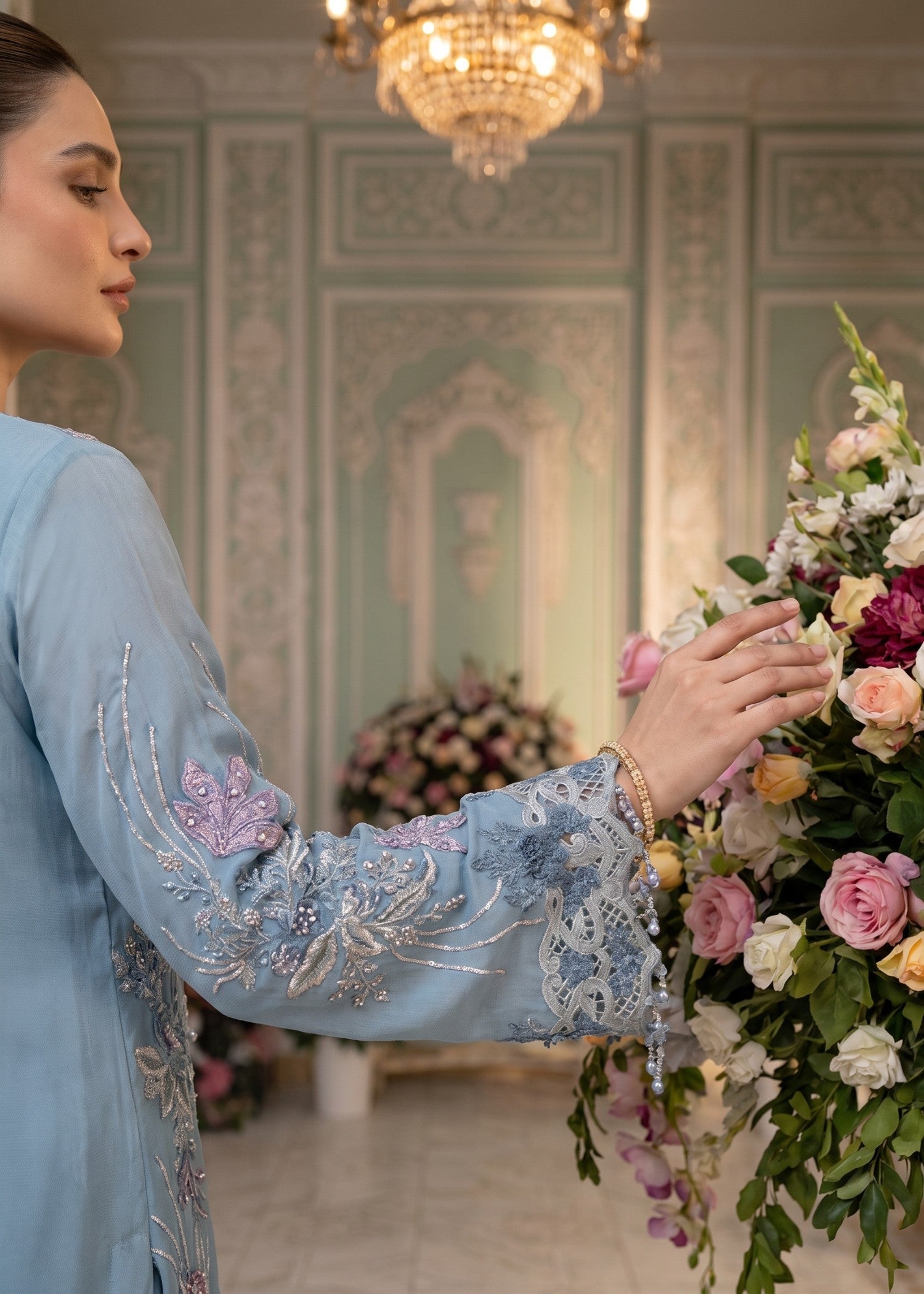 chiffon Kurta Set in Sky
