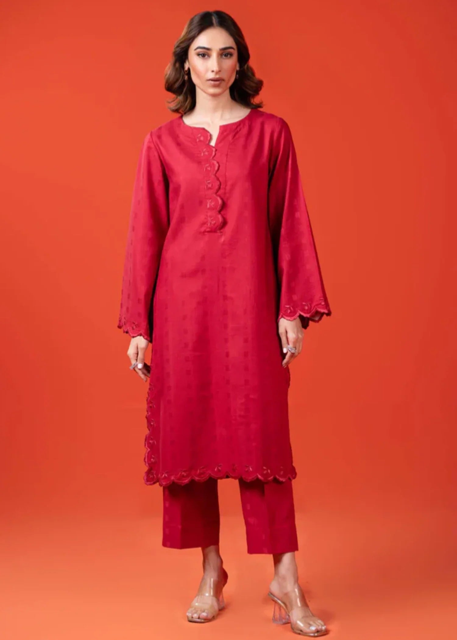 dobby Kurta Set in Red