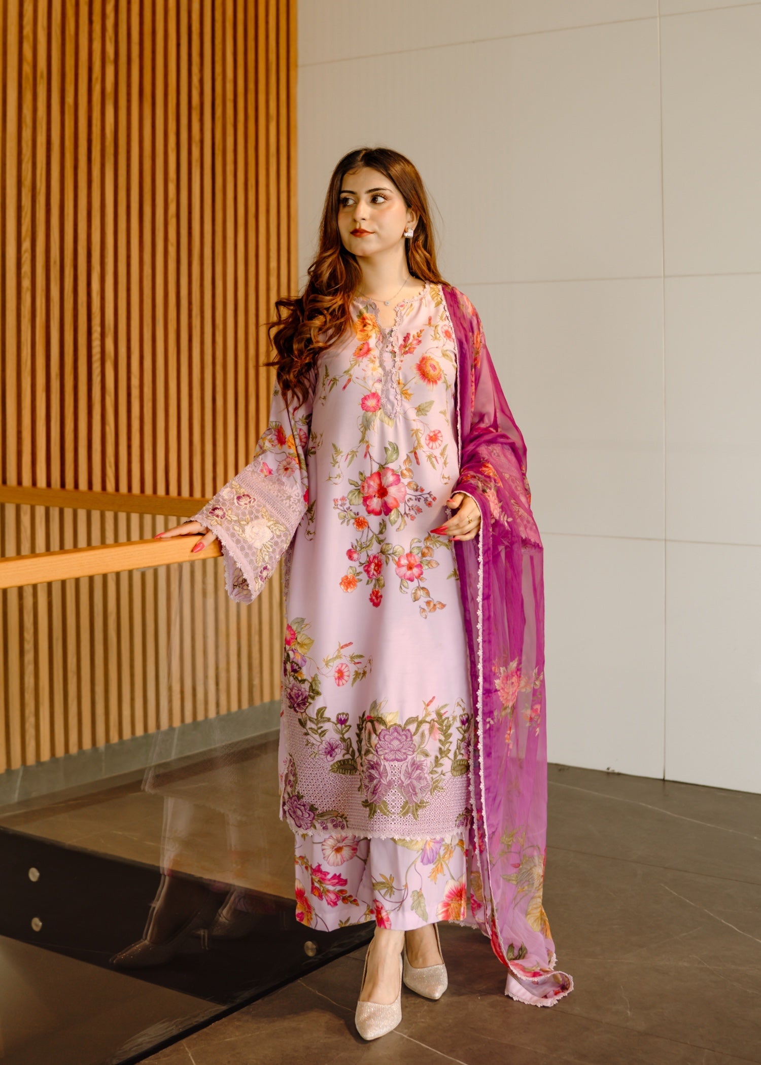 poly lawn Kurta Set in Lilac