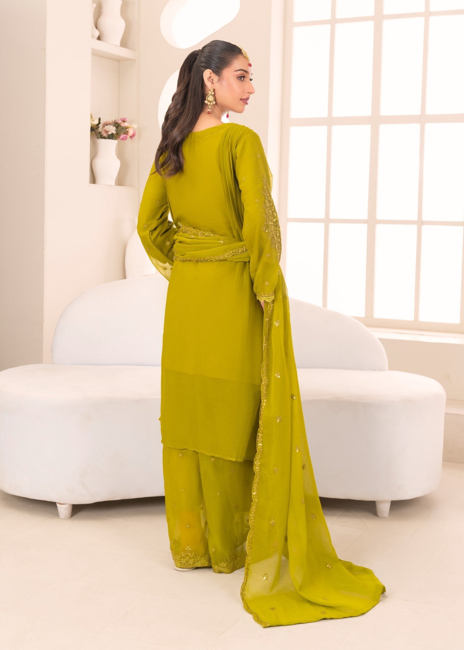 chiffon Pishwas in Yellow green
