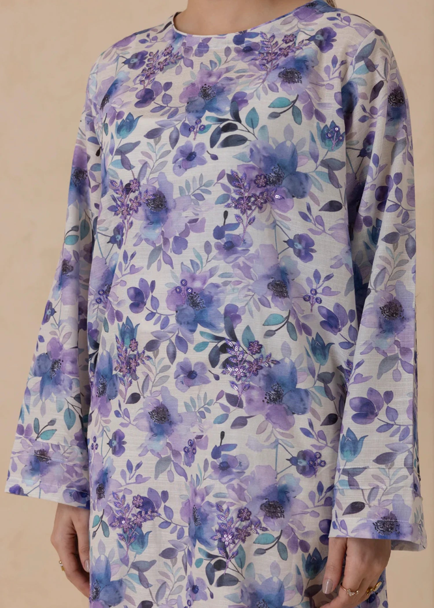khaddar Kurti in Off-white, purple