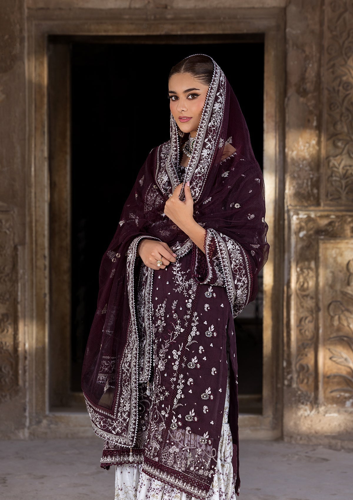 organza Gharara in Plum