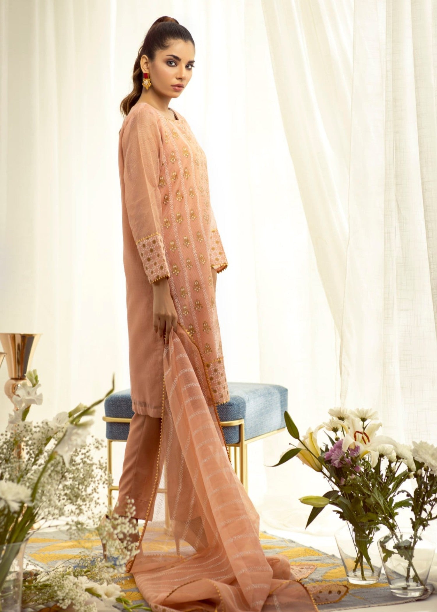 organza Kurta Set in Apricot orange