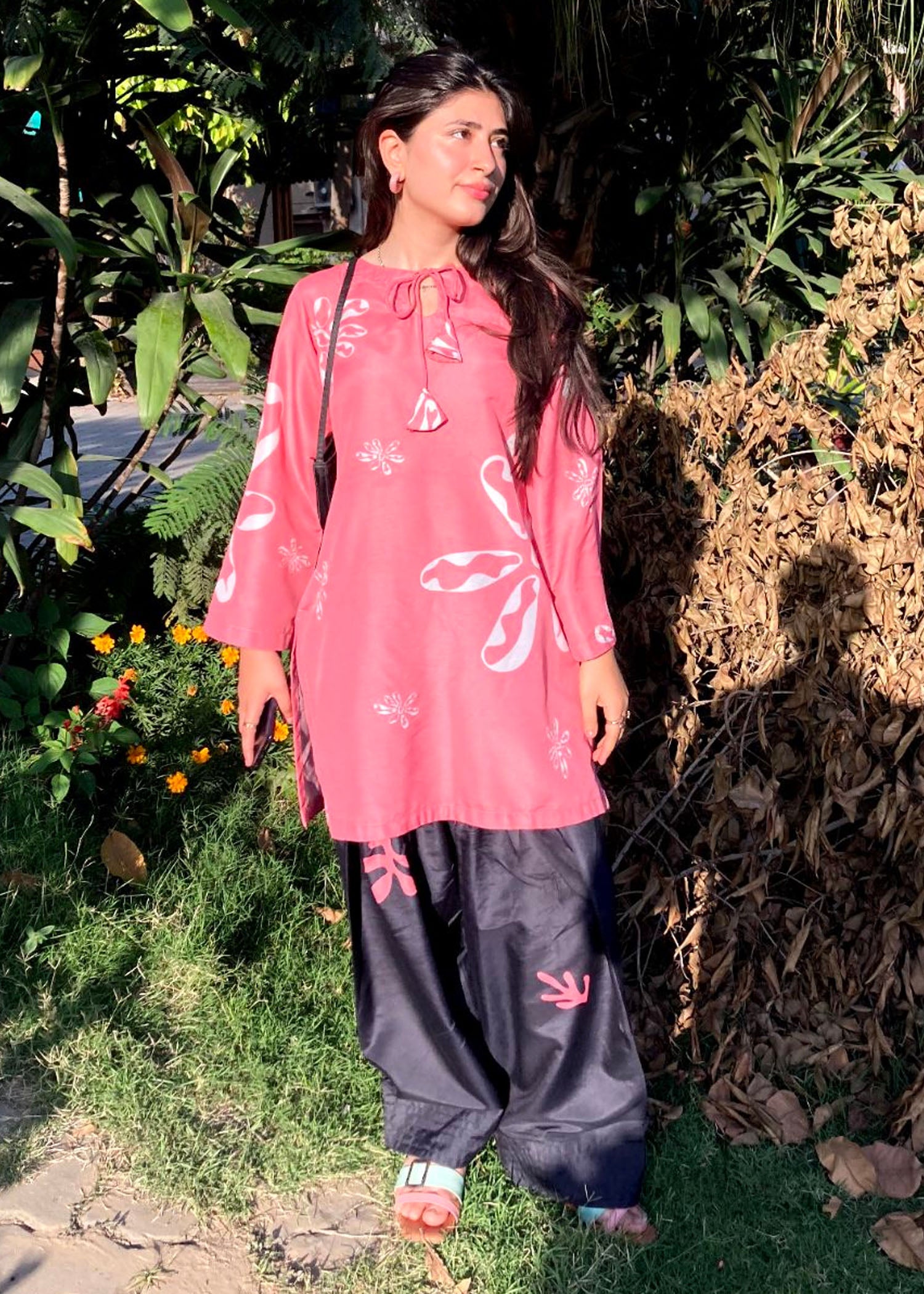silk finish lawn Kurta Set in Hot pink