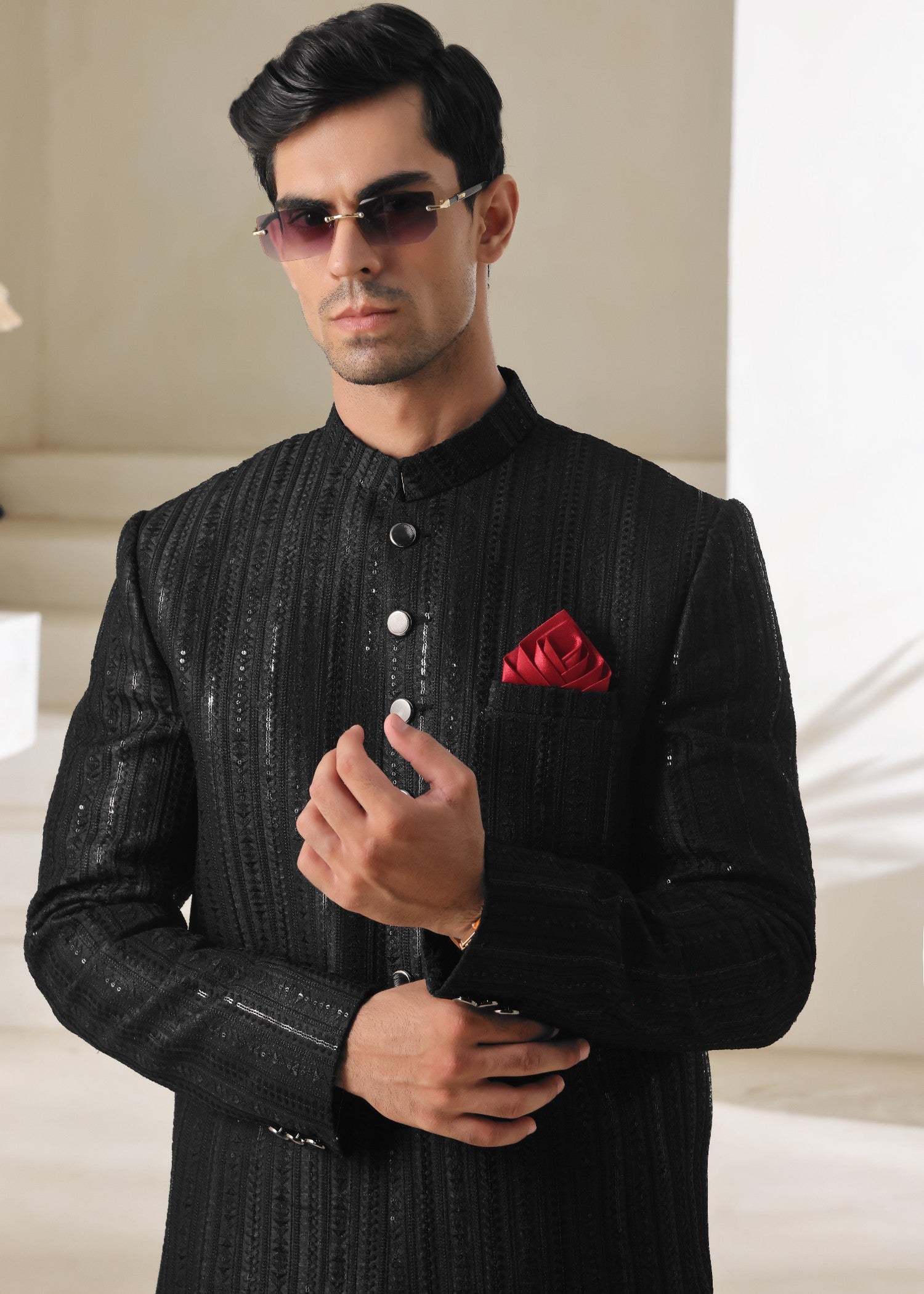 raw silk Sherwani in Black