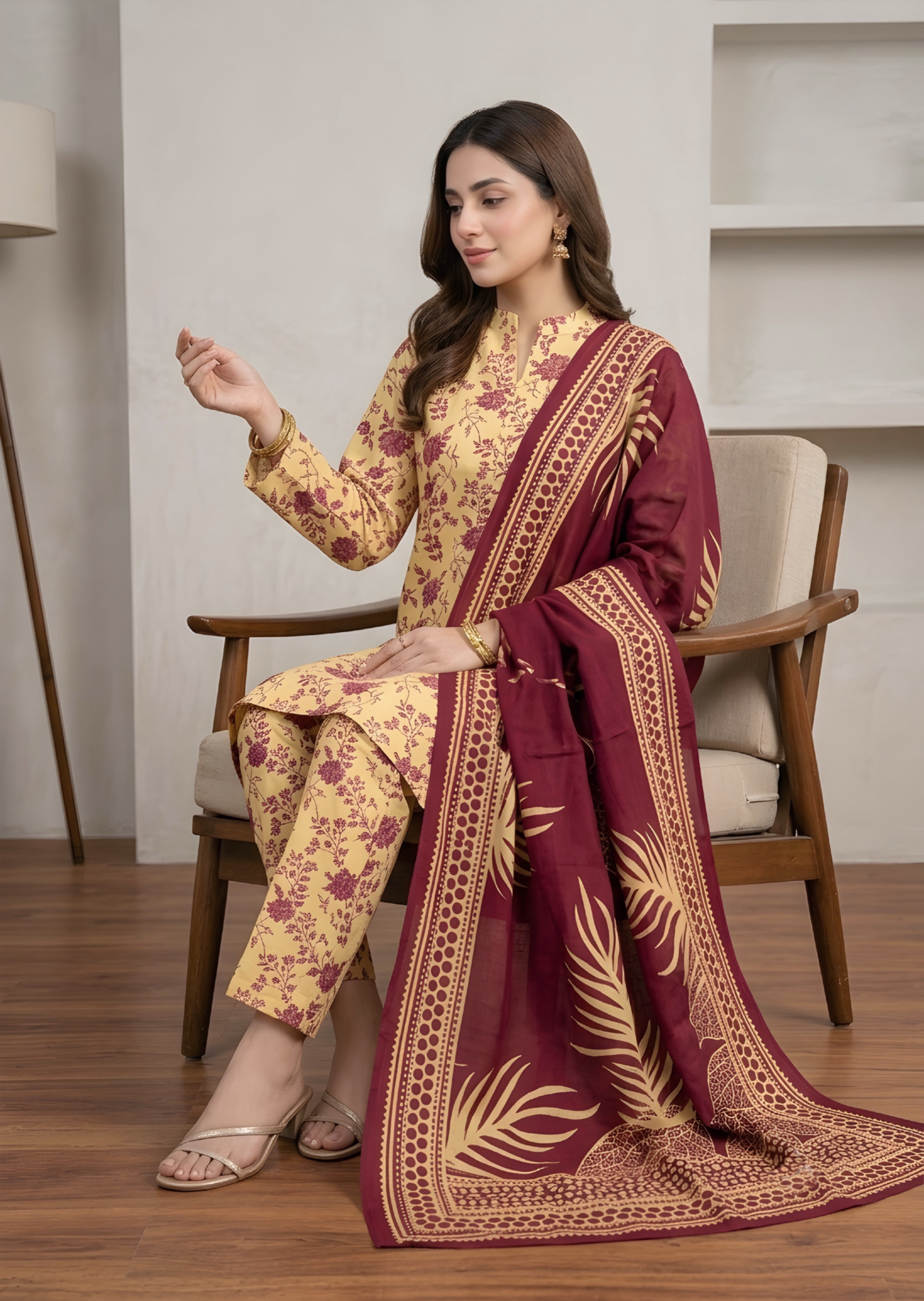 khaddar Kurta Set in Butter, burgundy