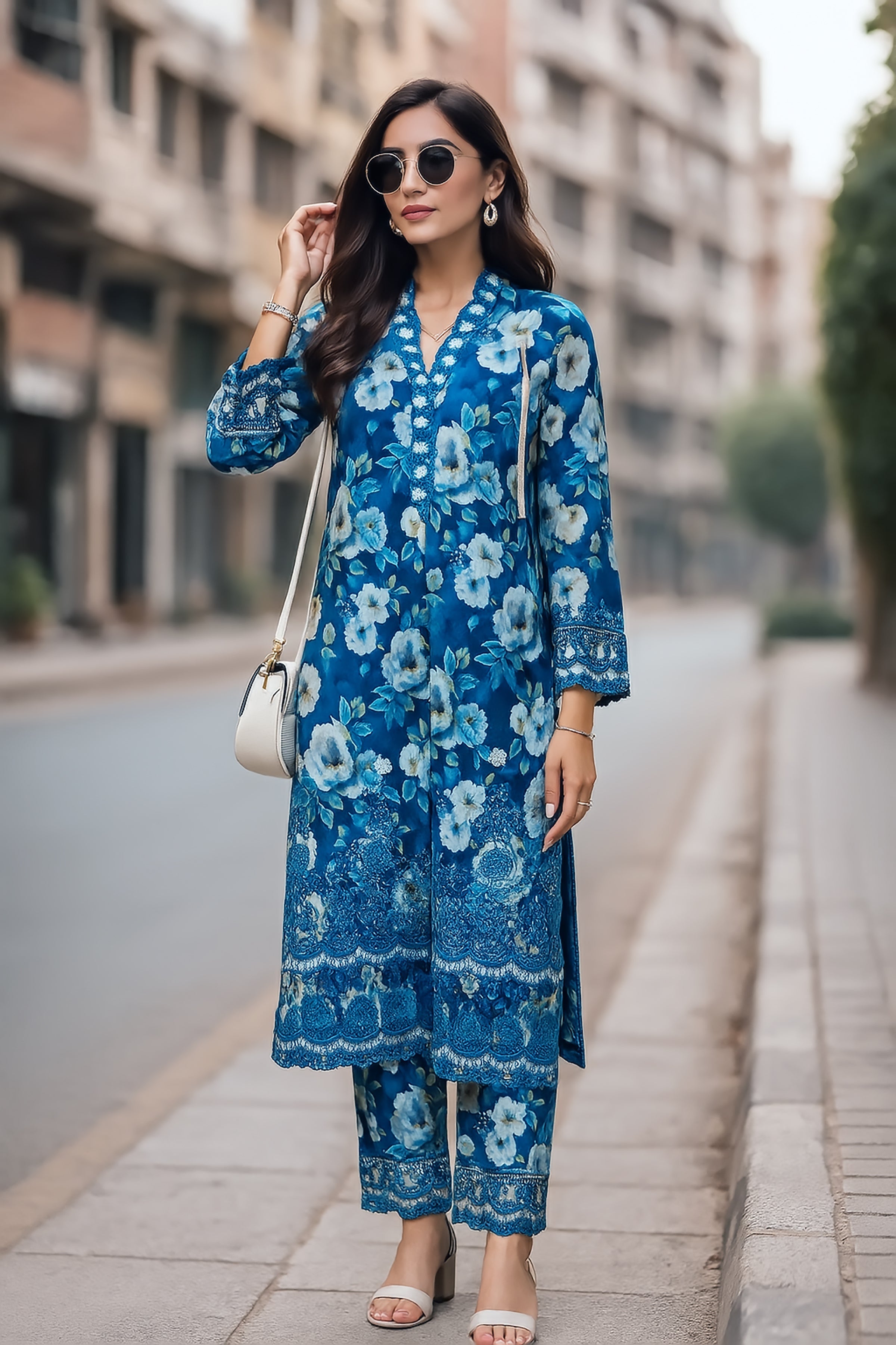 cambric Kurta Set in Blue