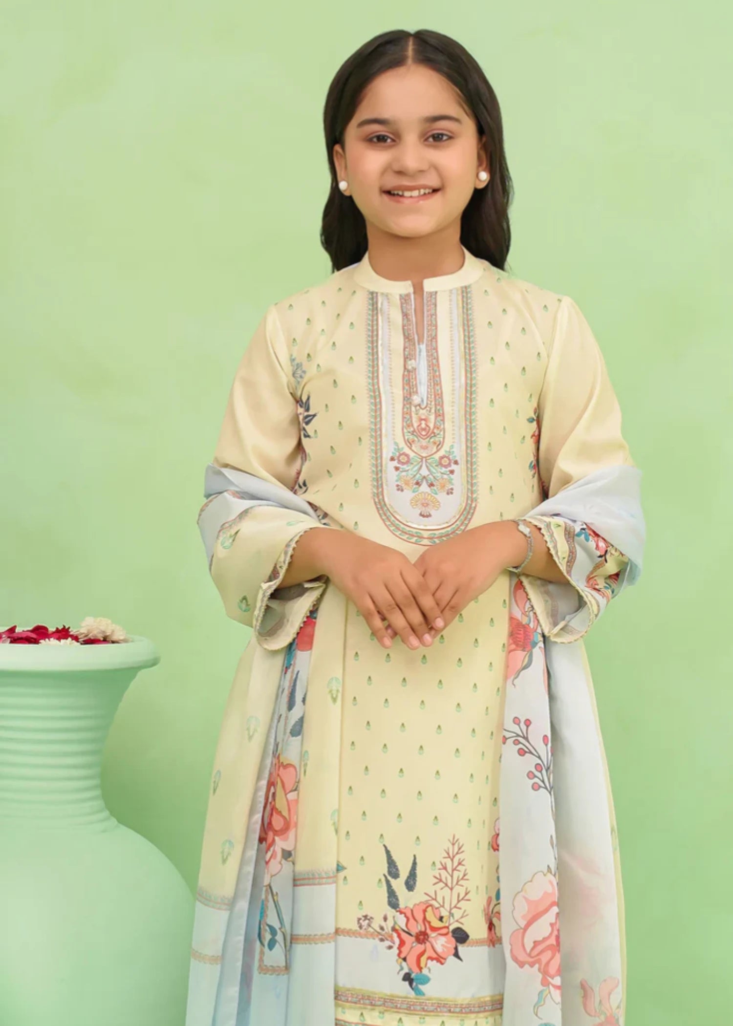 poly lawn Kurta Set in Sky blue, lemon