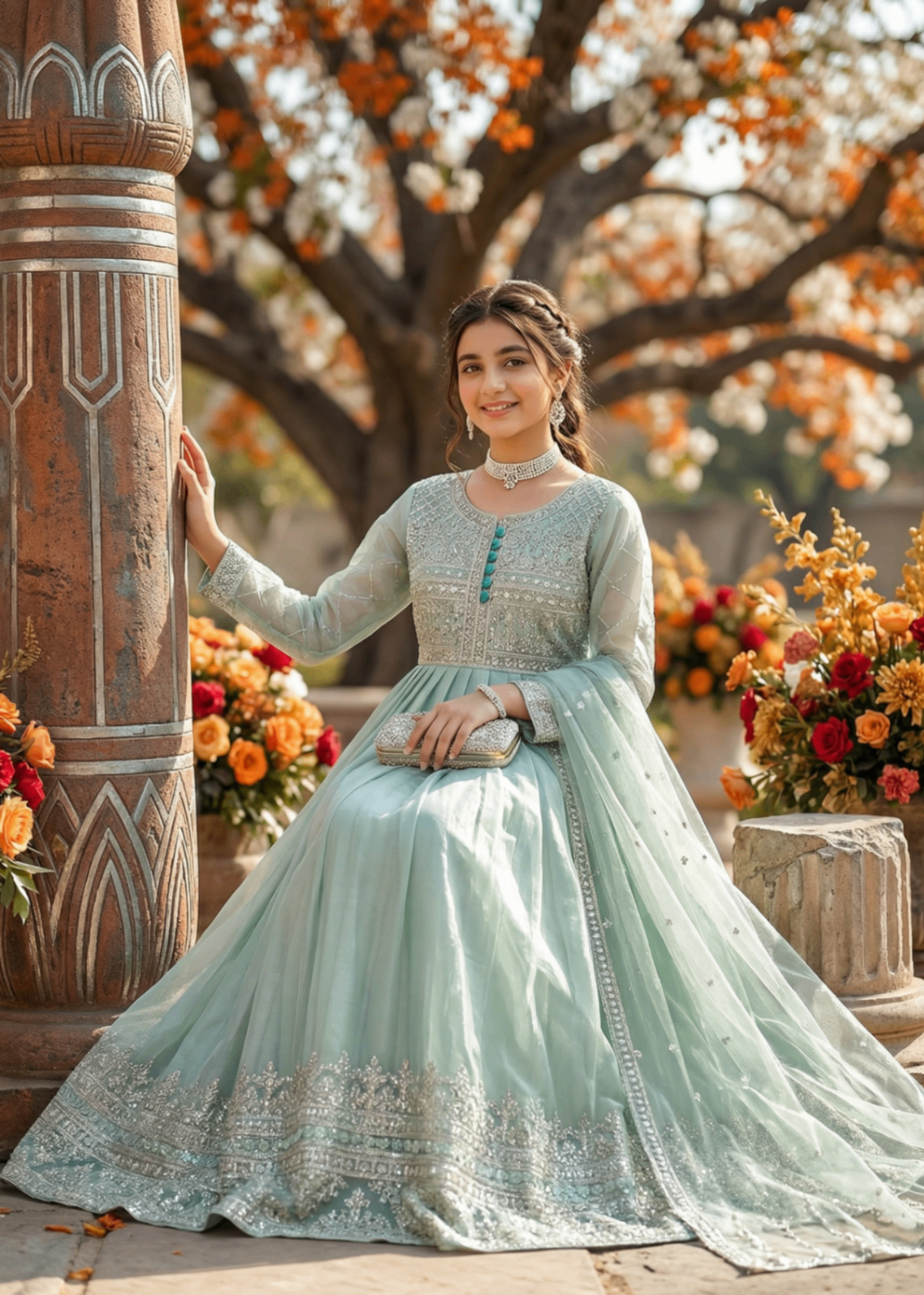 tissue silk Pishwas in Pastel green
