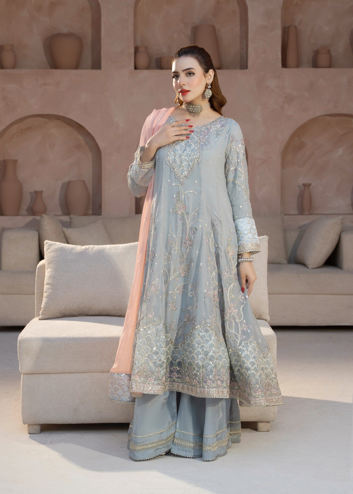 chiffon Pishwas in Slate grey