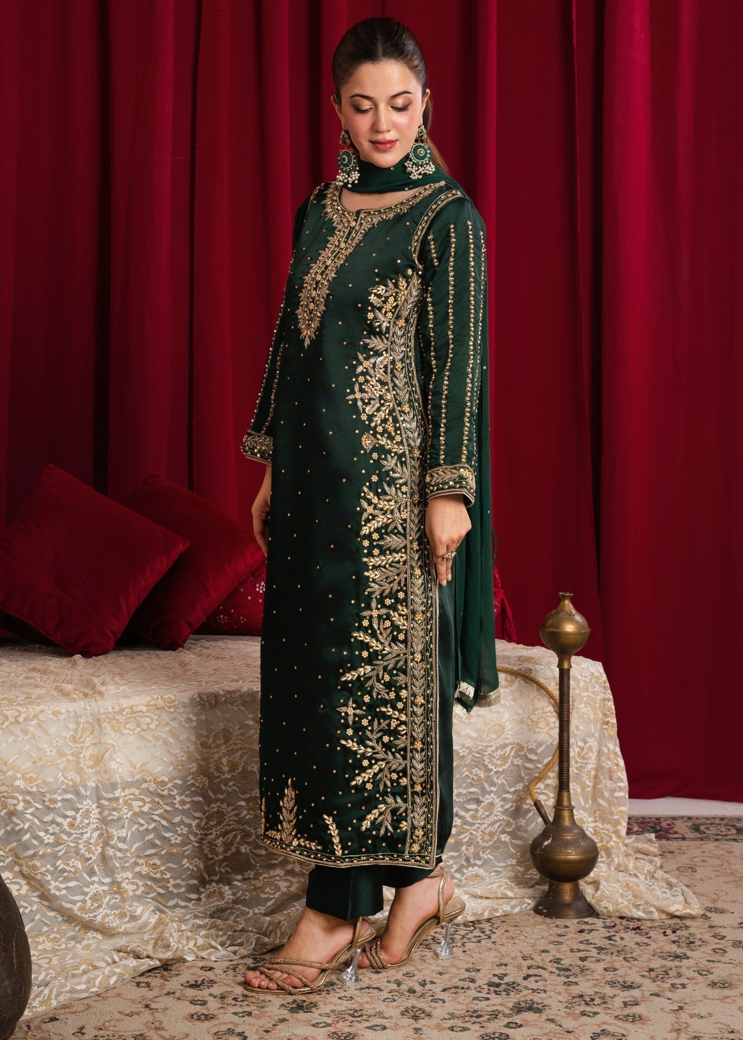 silk charmeuse Kurta Set in Bottle green