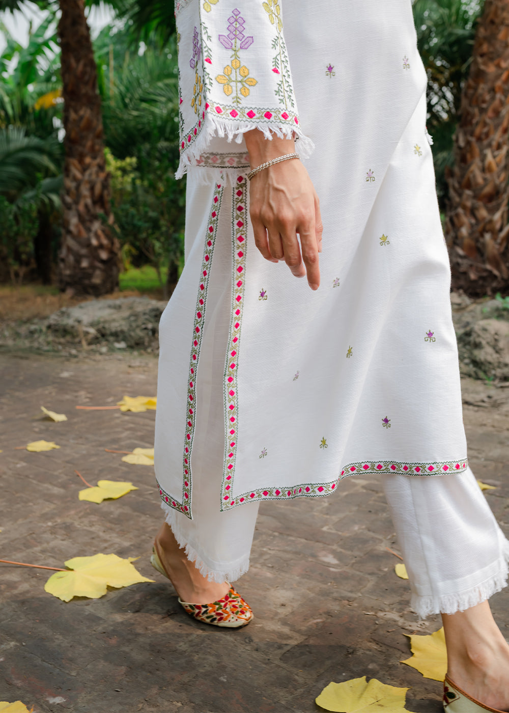 slub khaddar Kurta Set in White