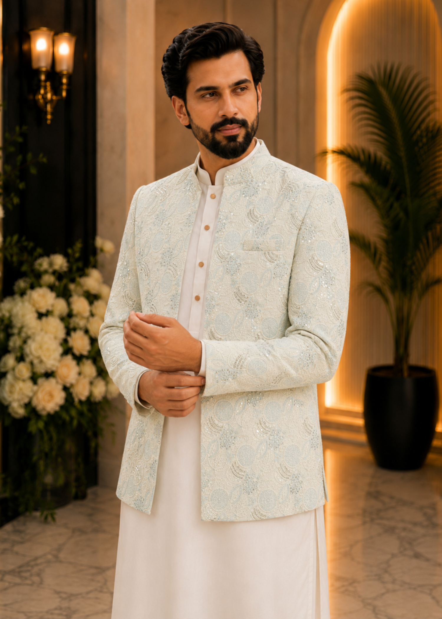 jamawar Prince Coat in Aquamarine