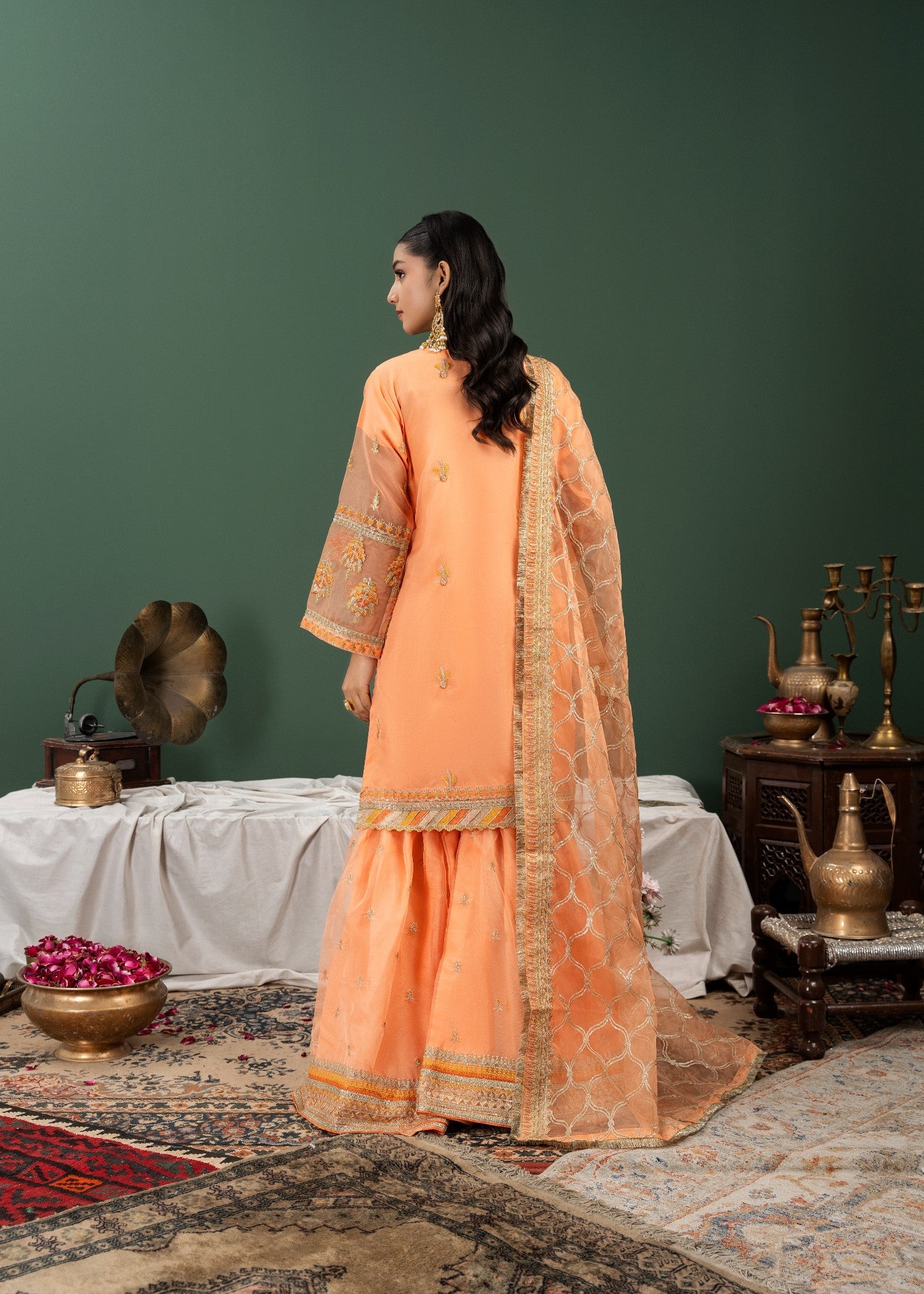 organza Gharara in Peach pink