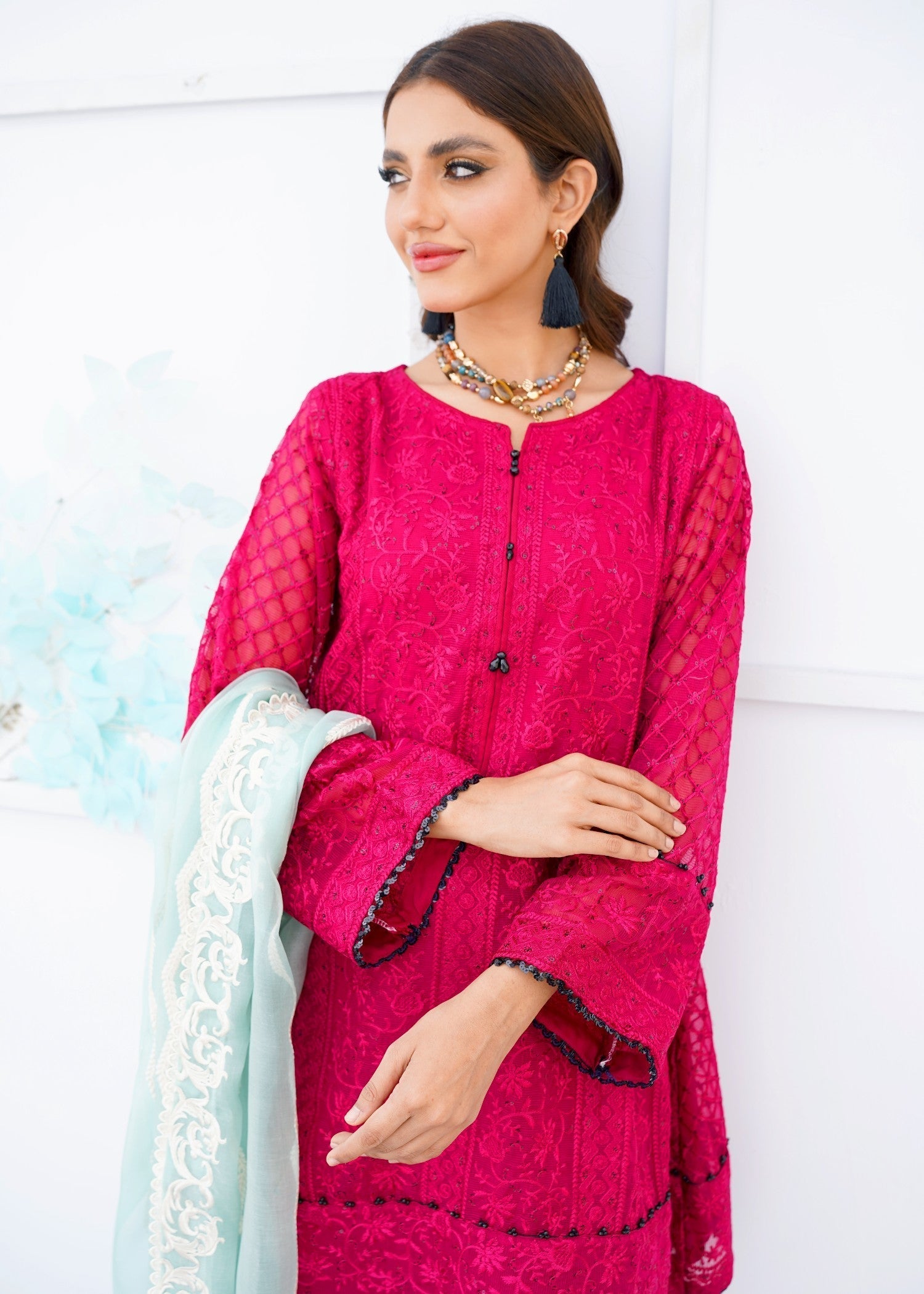 organza net Short Frock in Deep pink