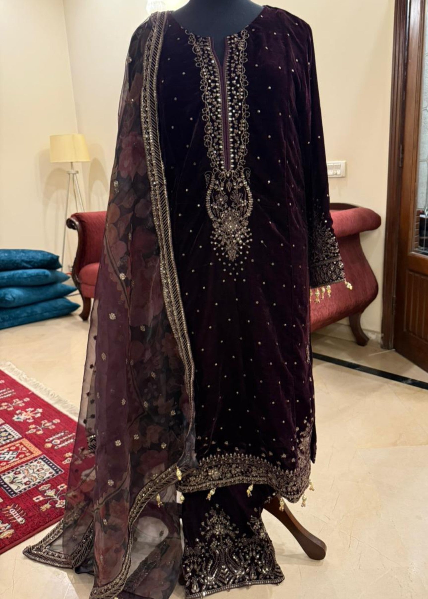 velvet Kurta Set in Plum