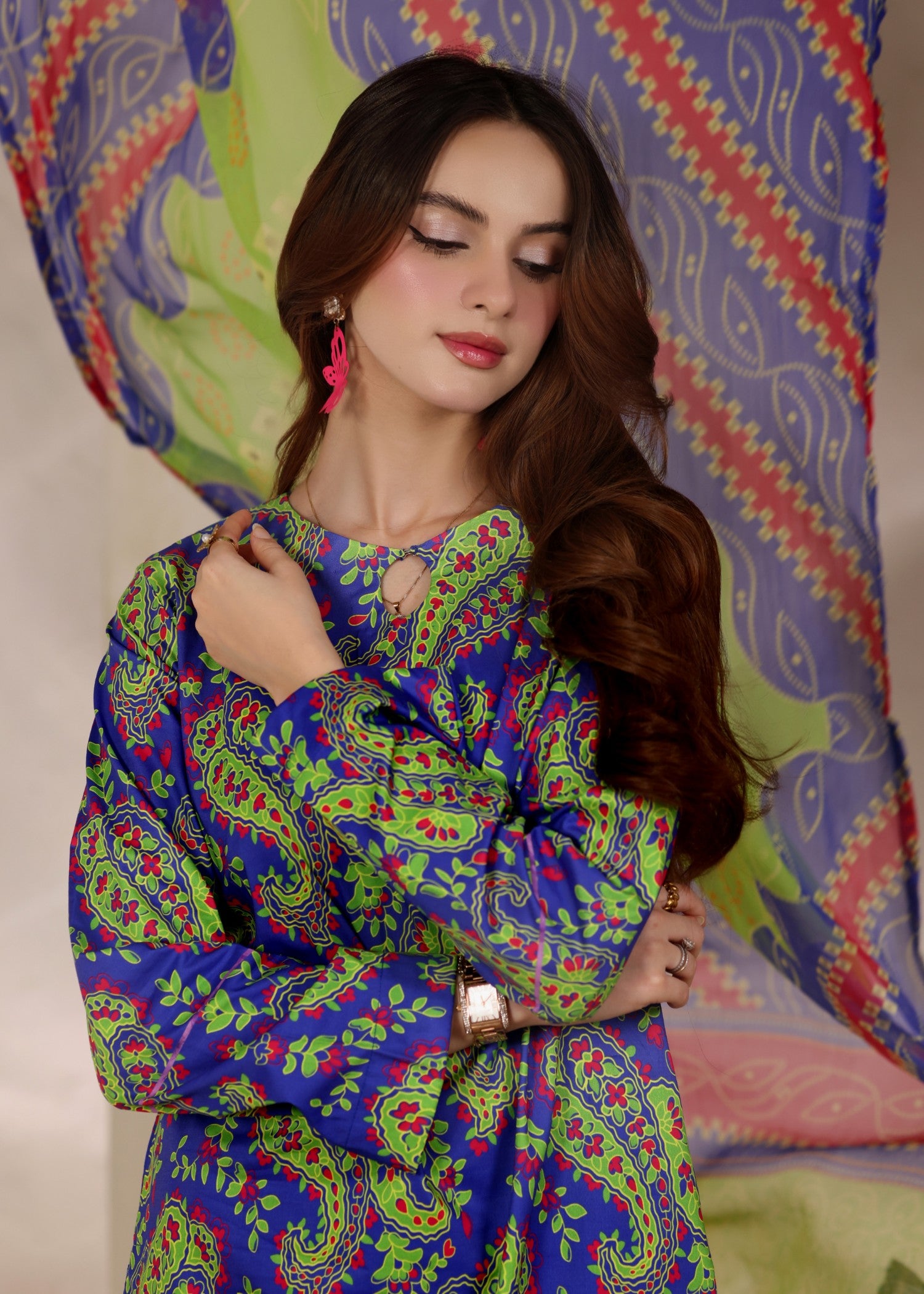 lawn Kurta Set in Apple green, dark blue