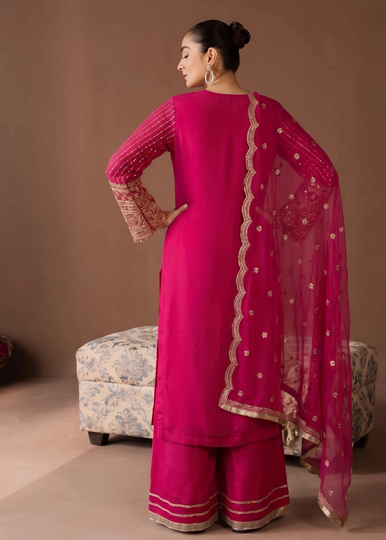 chiffon Kurta Set in Hot pink