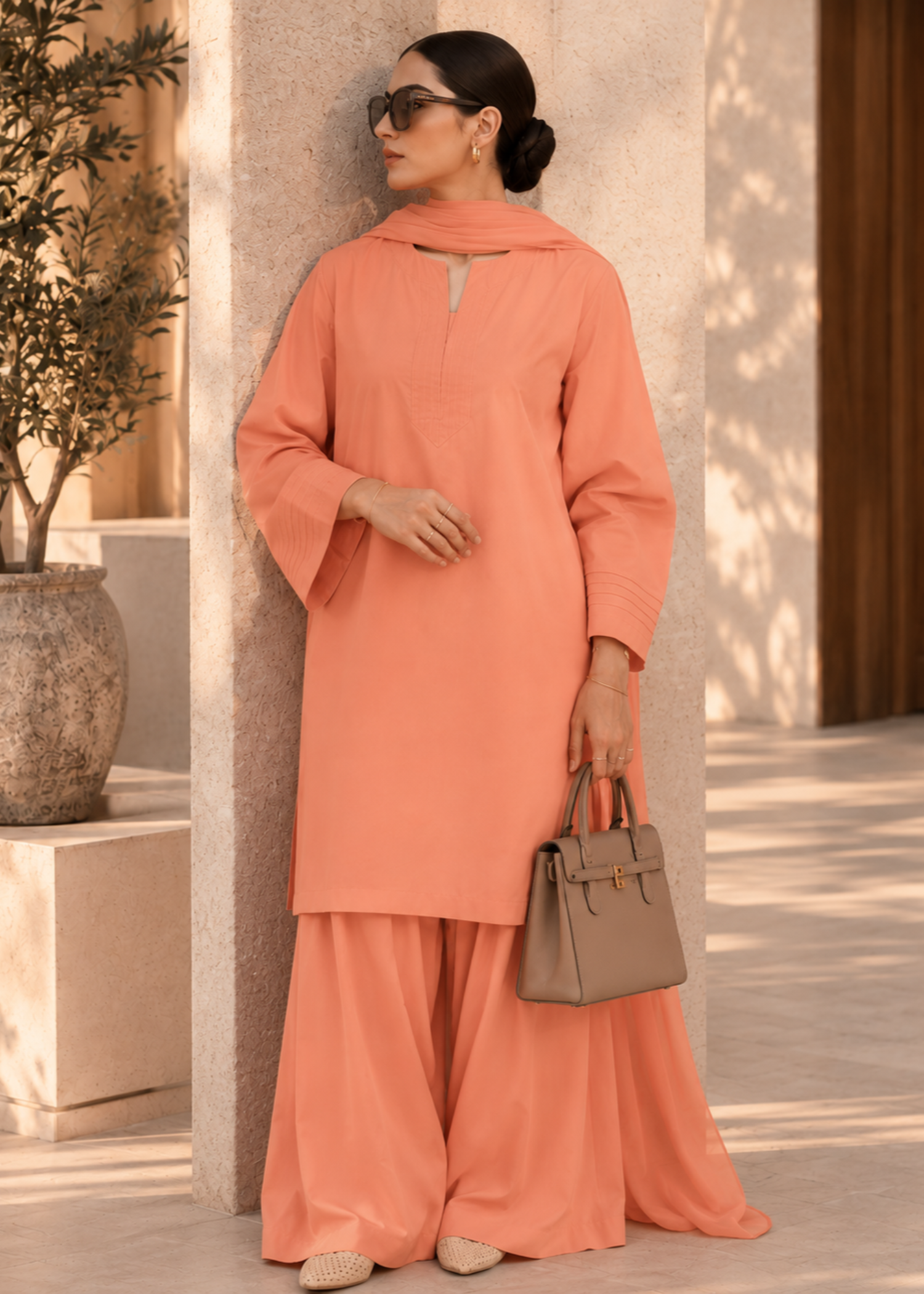 pure cotton Kurta Set in Apricot orange