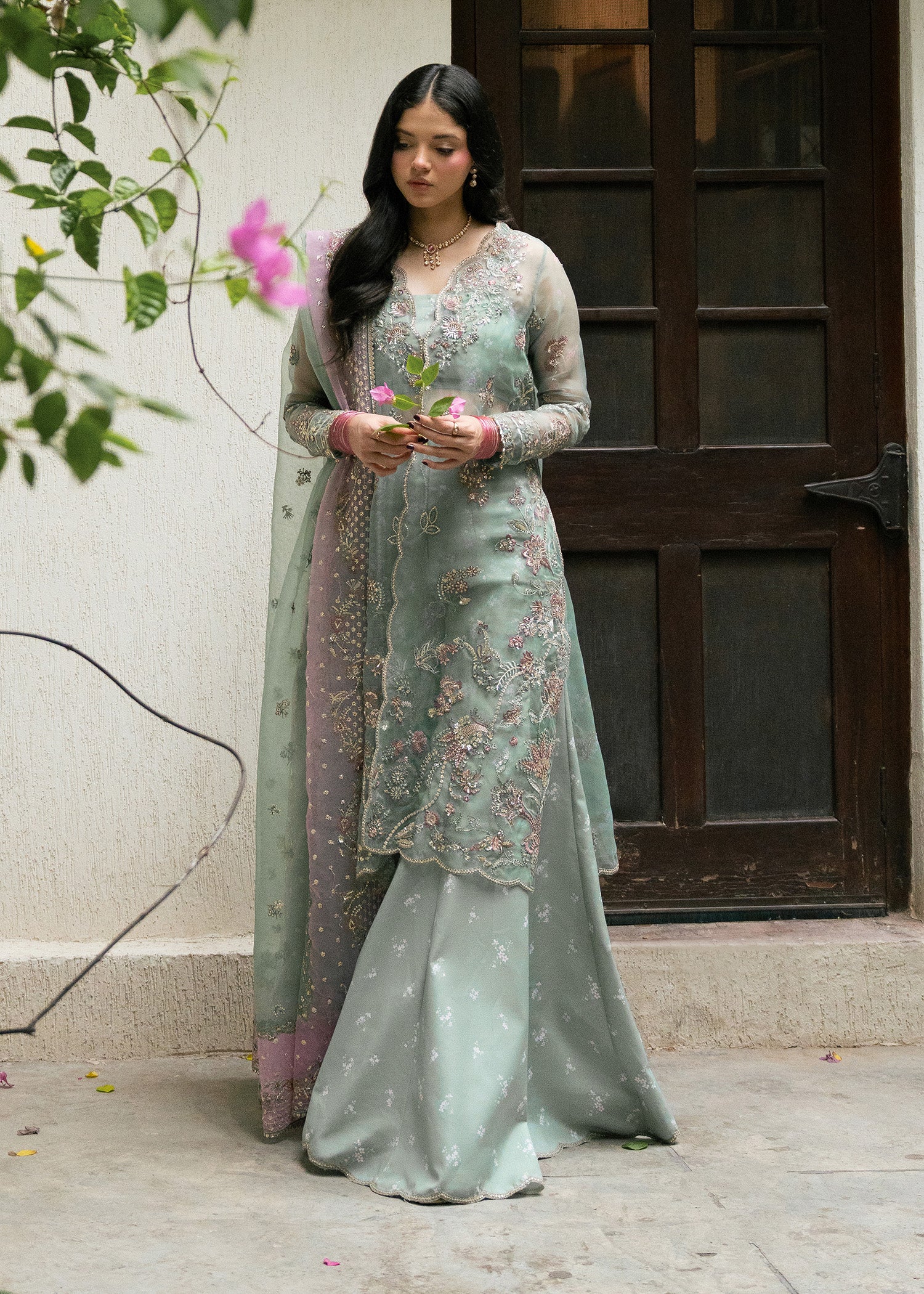 organza Unstitched in Moss green, tea green