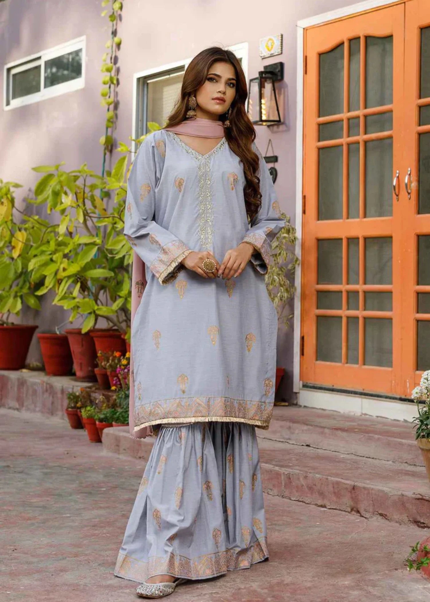 cotton Gharara in Grey