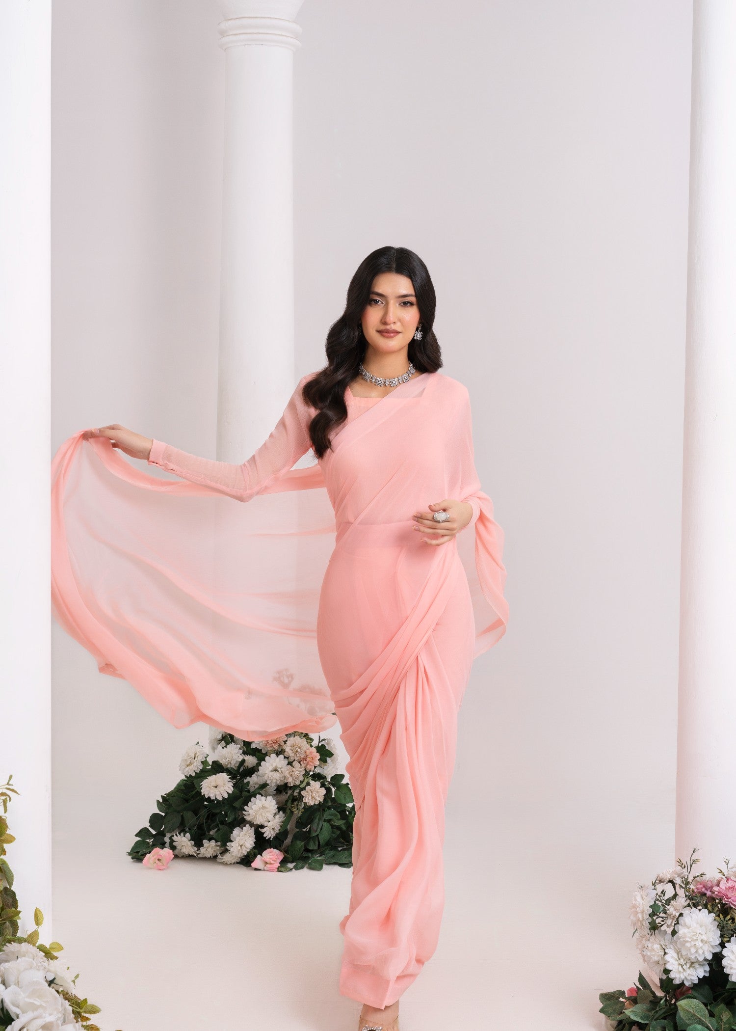 chiffon Saree in Peach pink