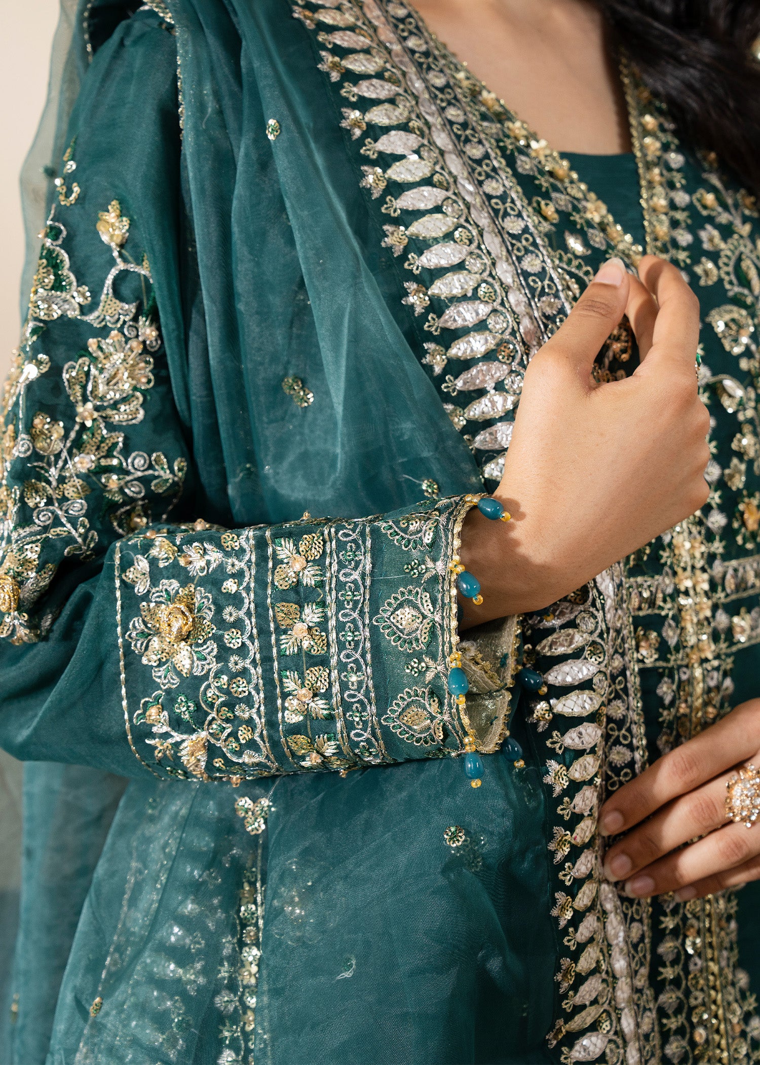net Kurta Set in Pine green