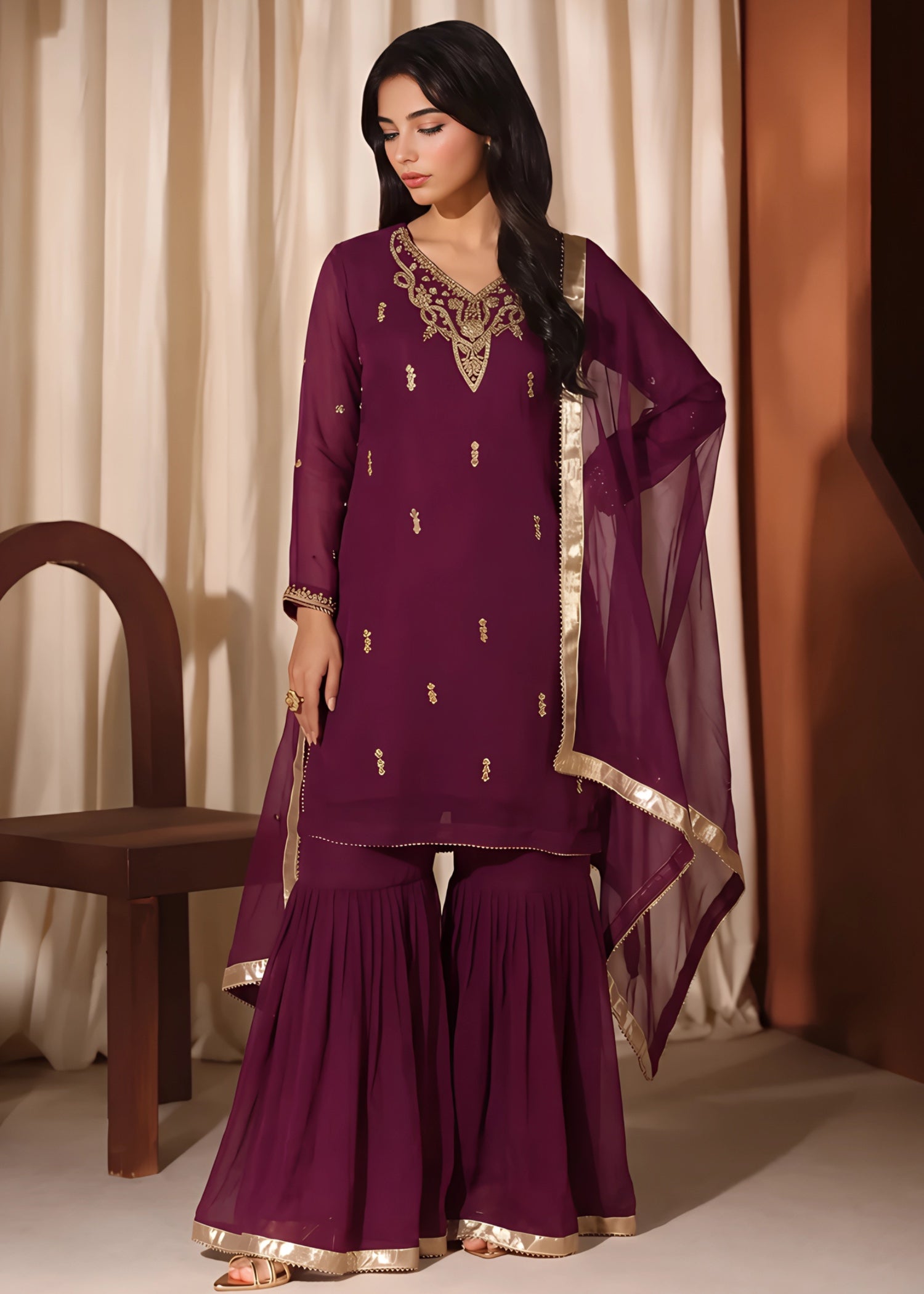 chiffon Gharara in Plum purple
