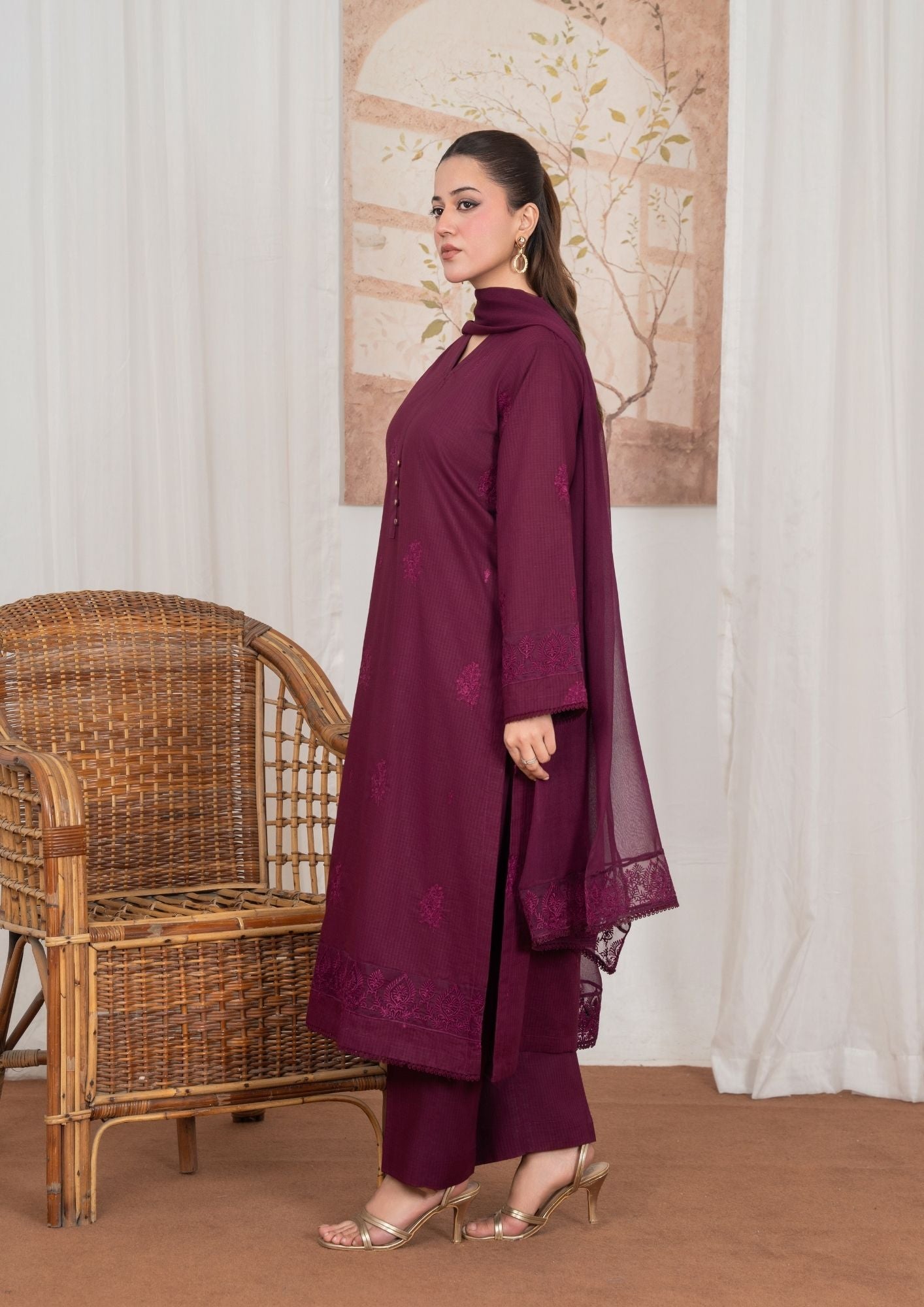lawn Kurta Set in Wine red