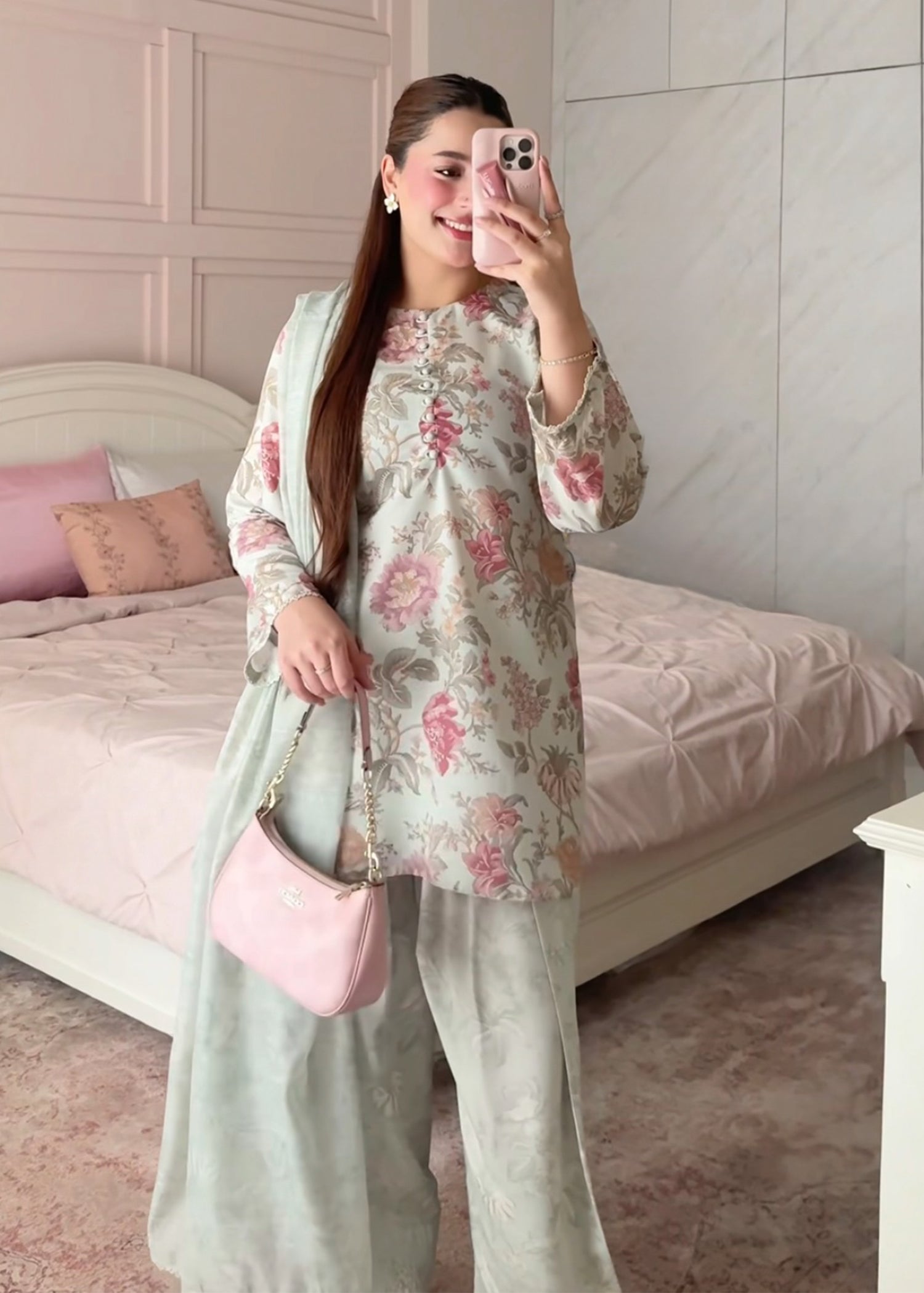 silk finish lawn Kurta Set in Mint green