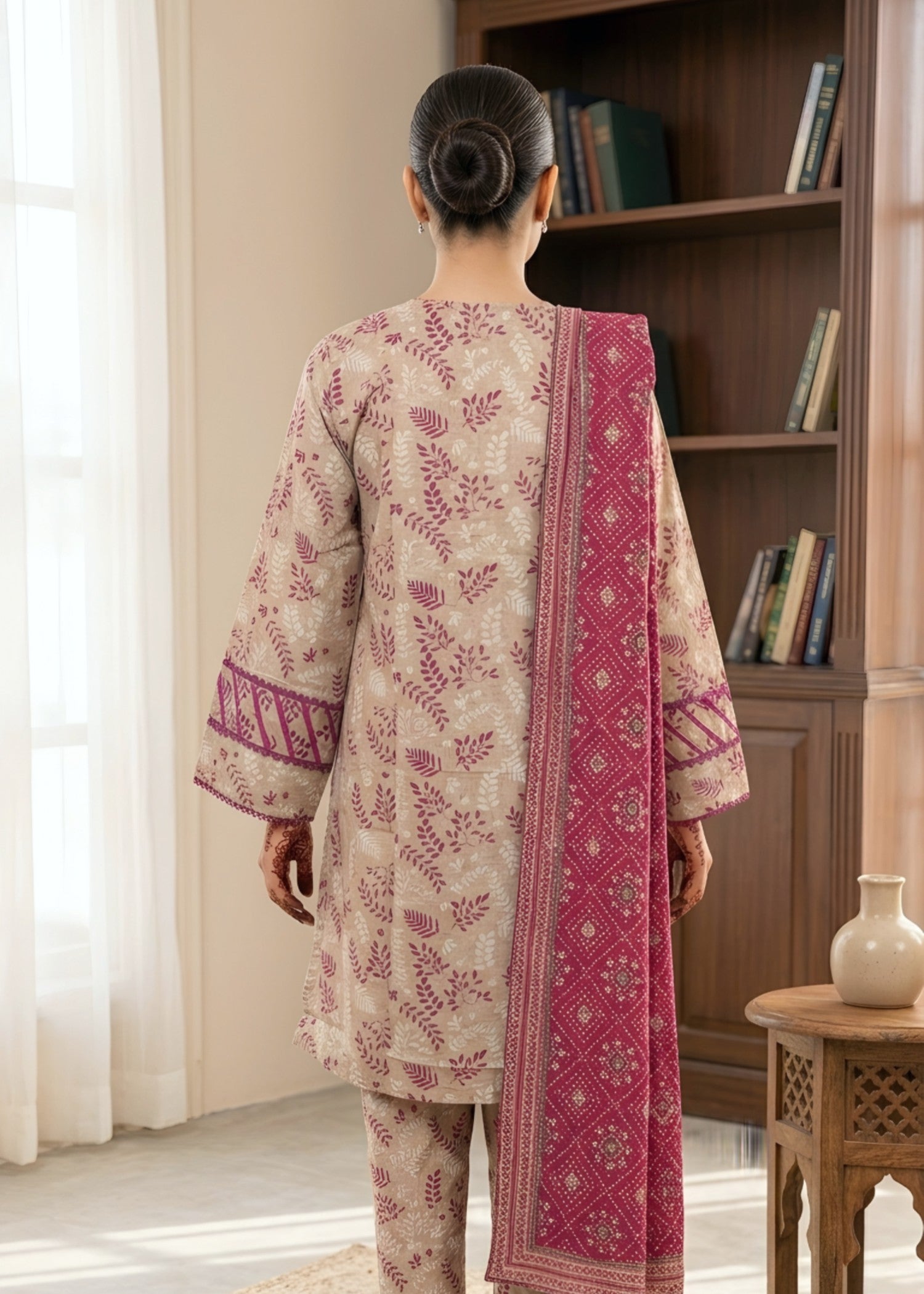 khaddar Kurta Set in Beige, raspberry pink