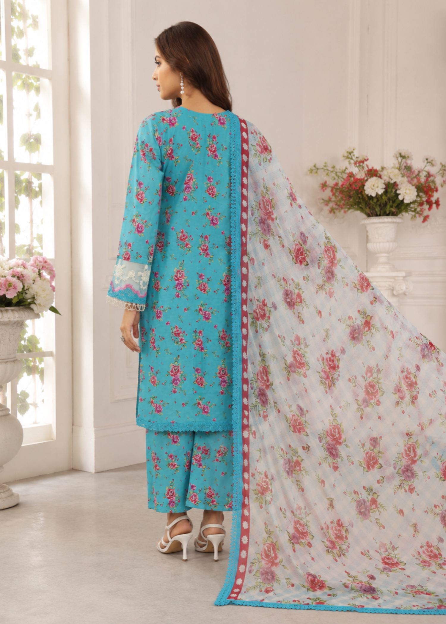 lawn Kurta Set in Blue lagoon