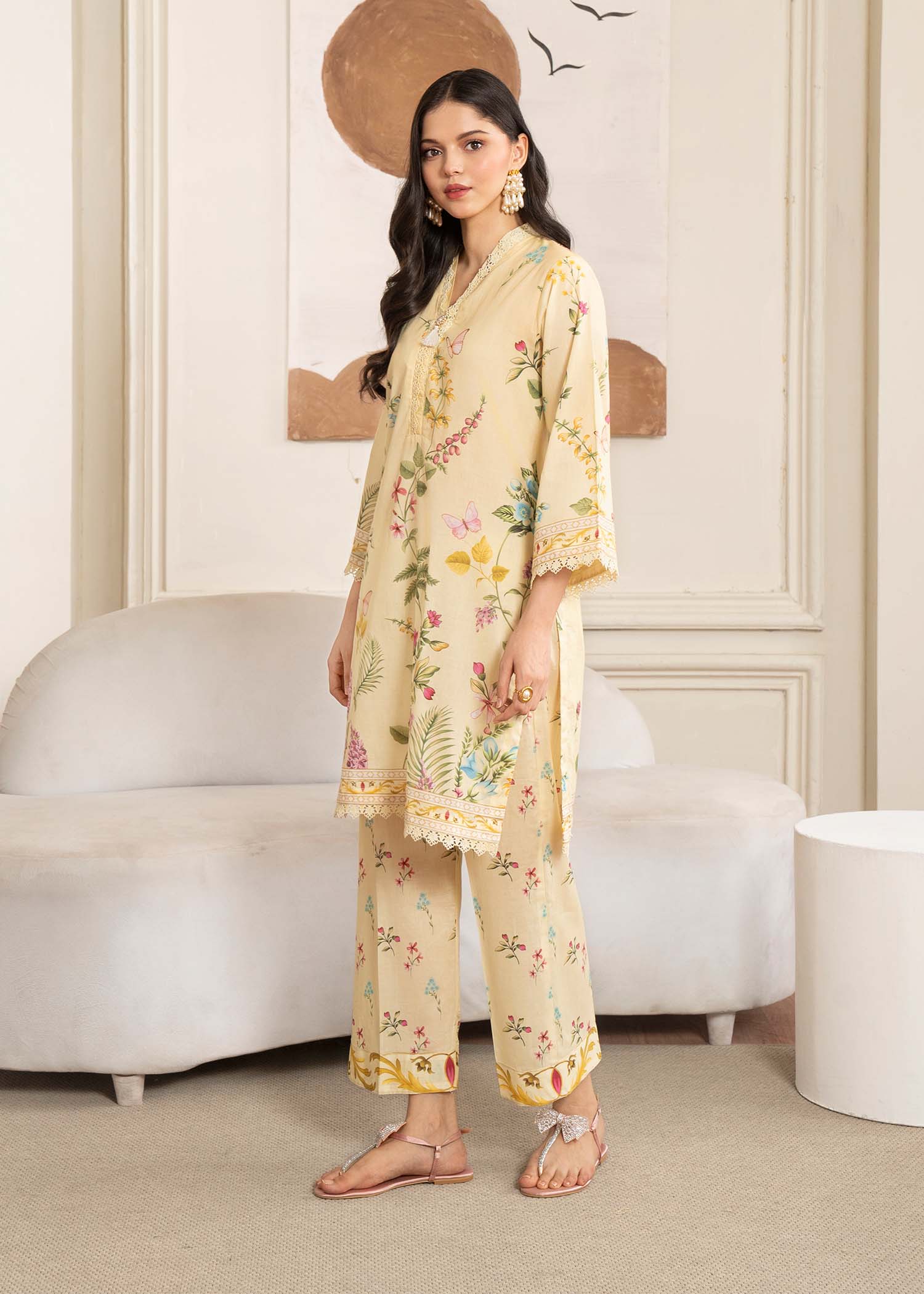 silk finish lawn Kurta Set in Light yellow