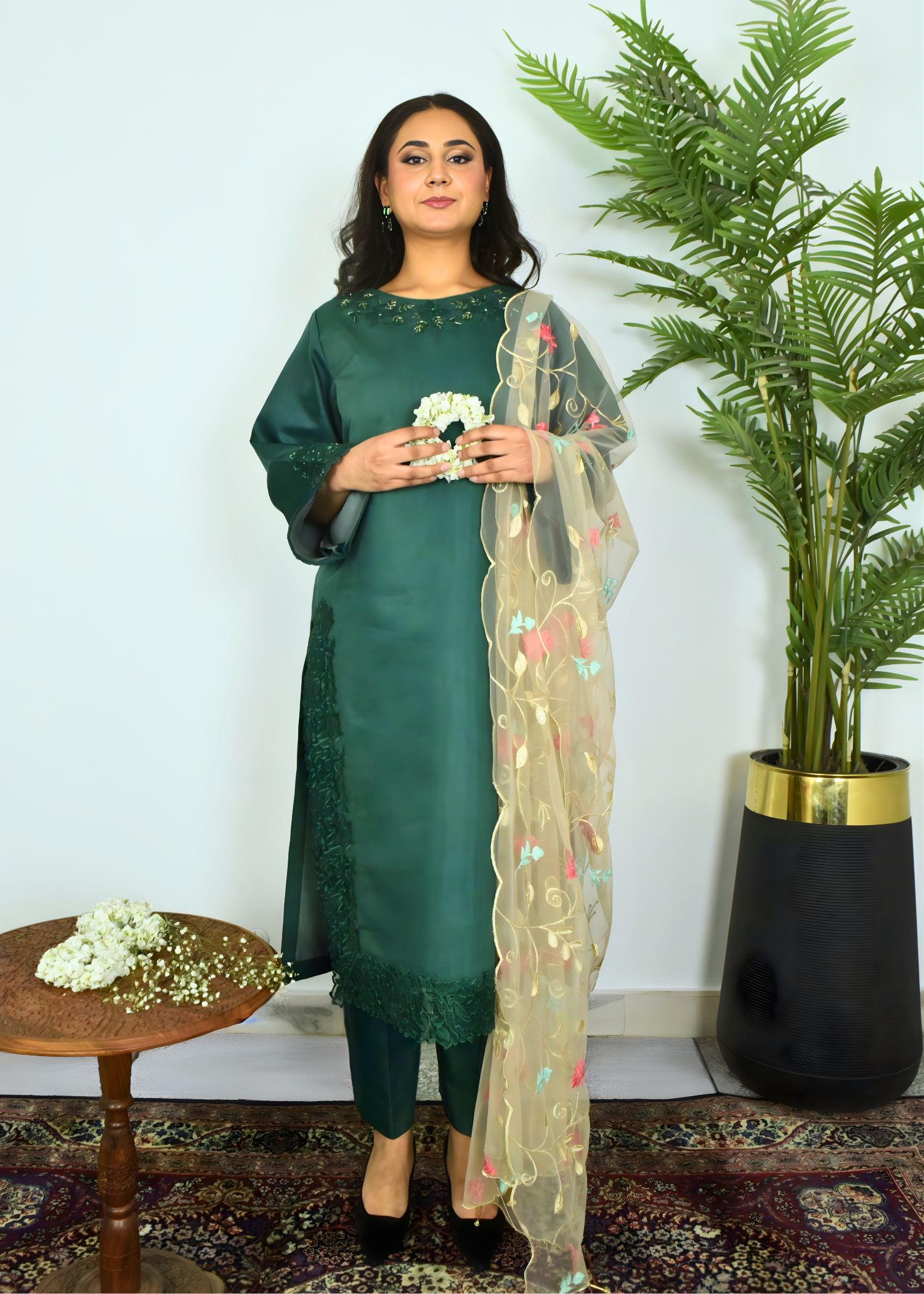 silk Kurta Set in Emerald green