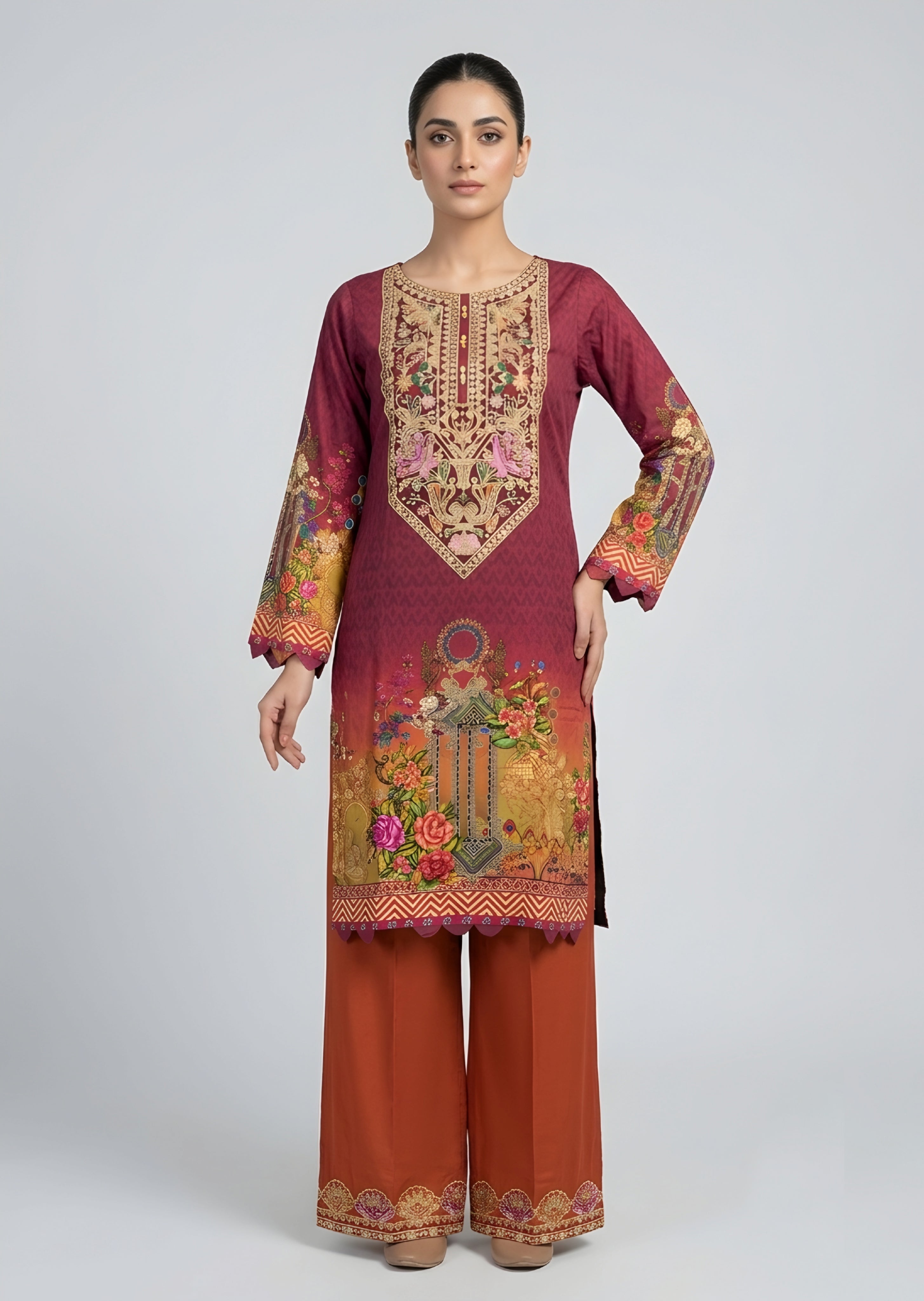 linen Kurta Set in Bronze orange