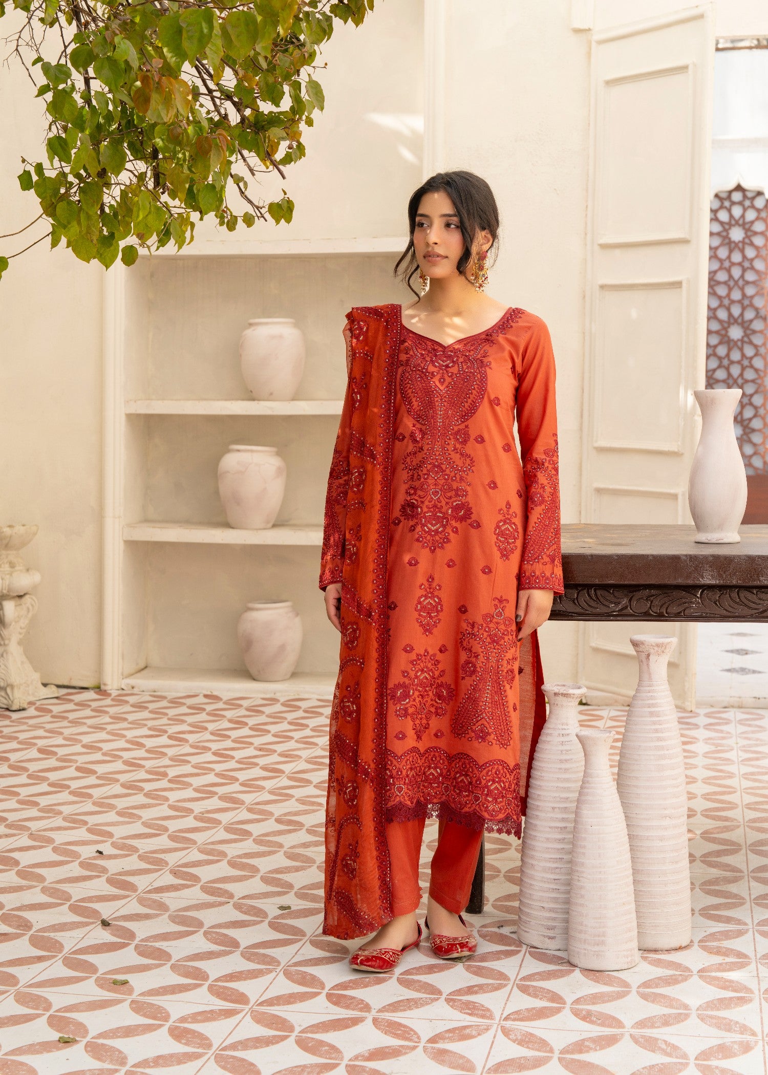 lawn cotton Kurta Set in Chili orange