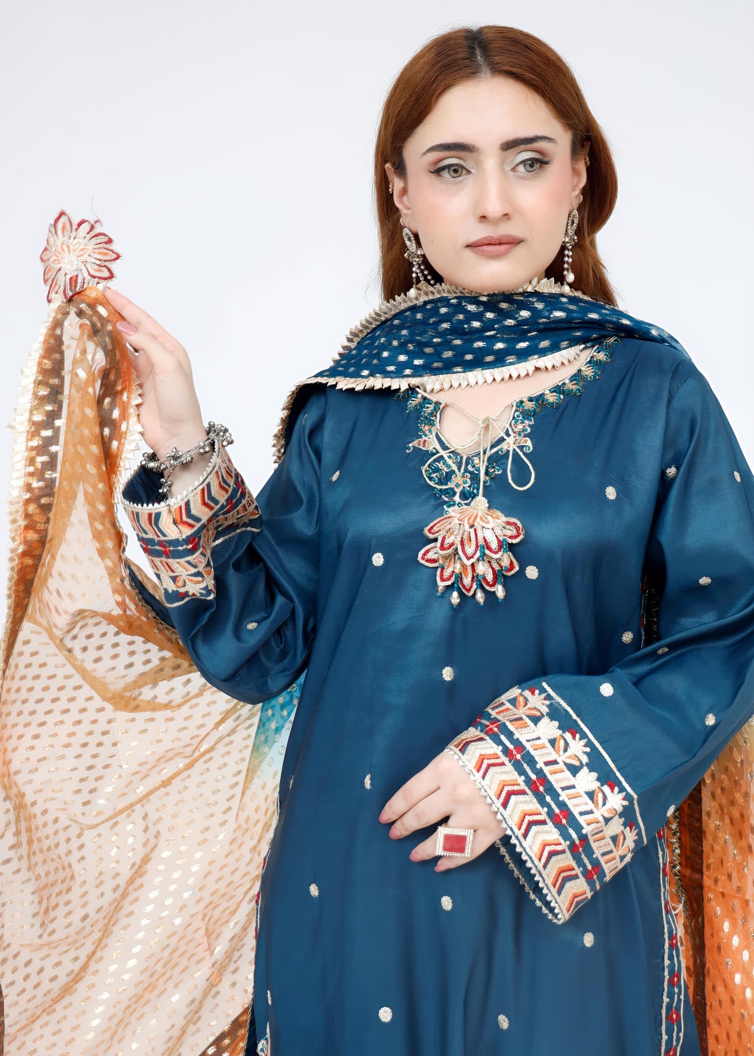 raw silk Kurta Set in Orange, teal, bondi blue
