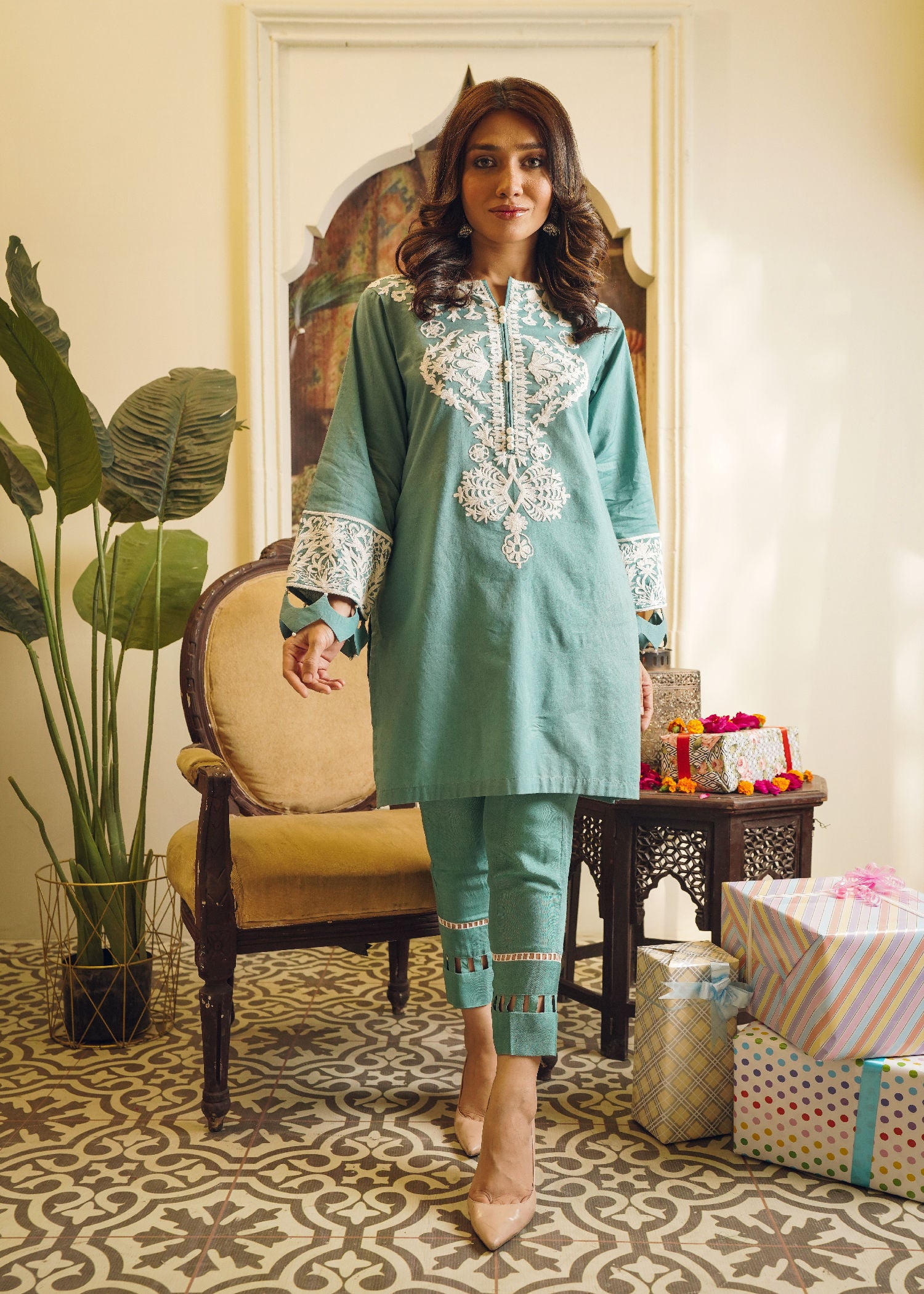 cotton Kurta Set in Emerald green