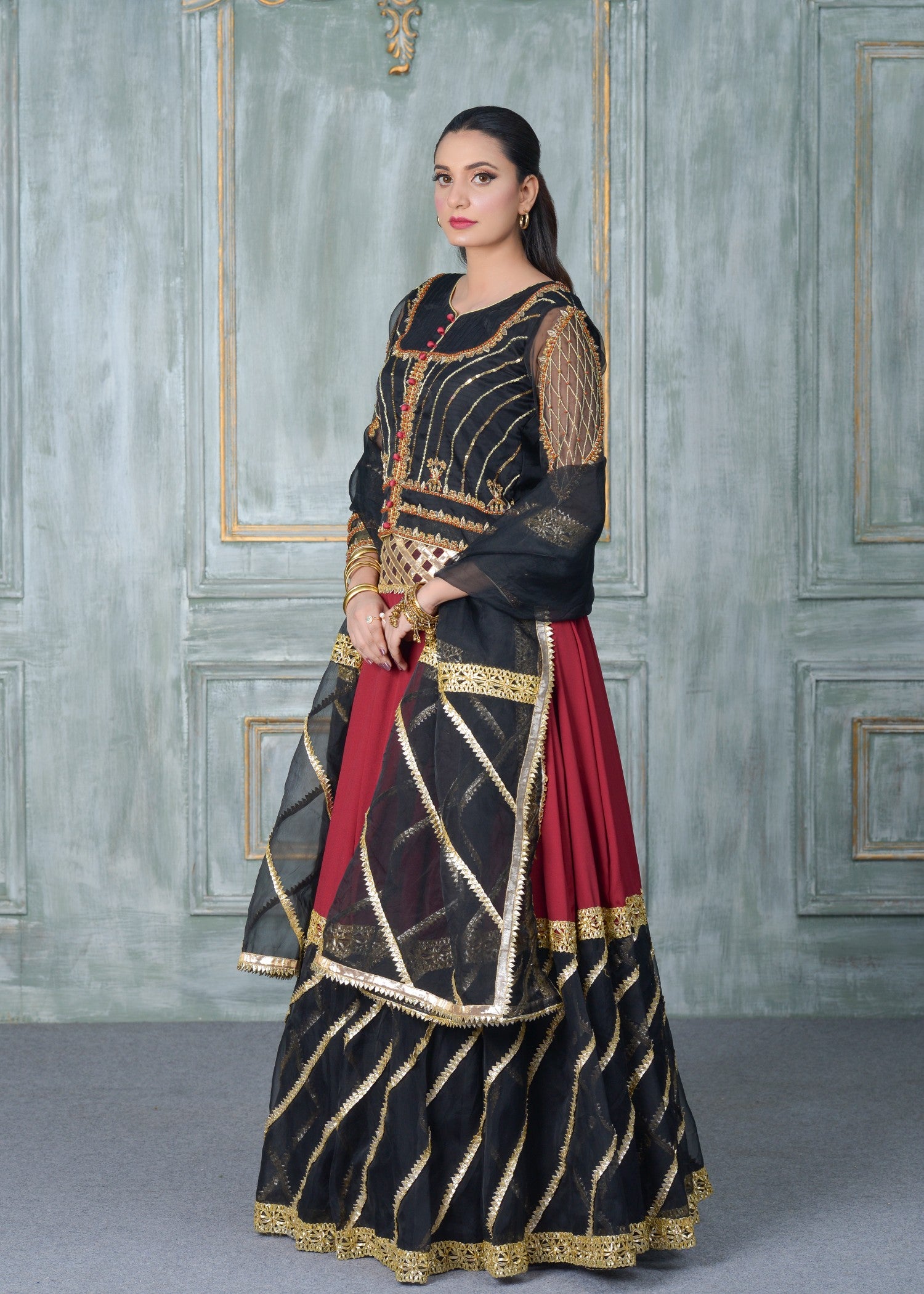 organza Lehenga in Black, maroon