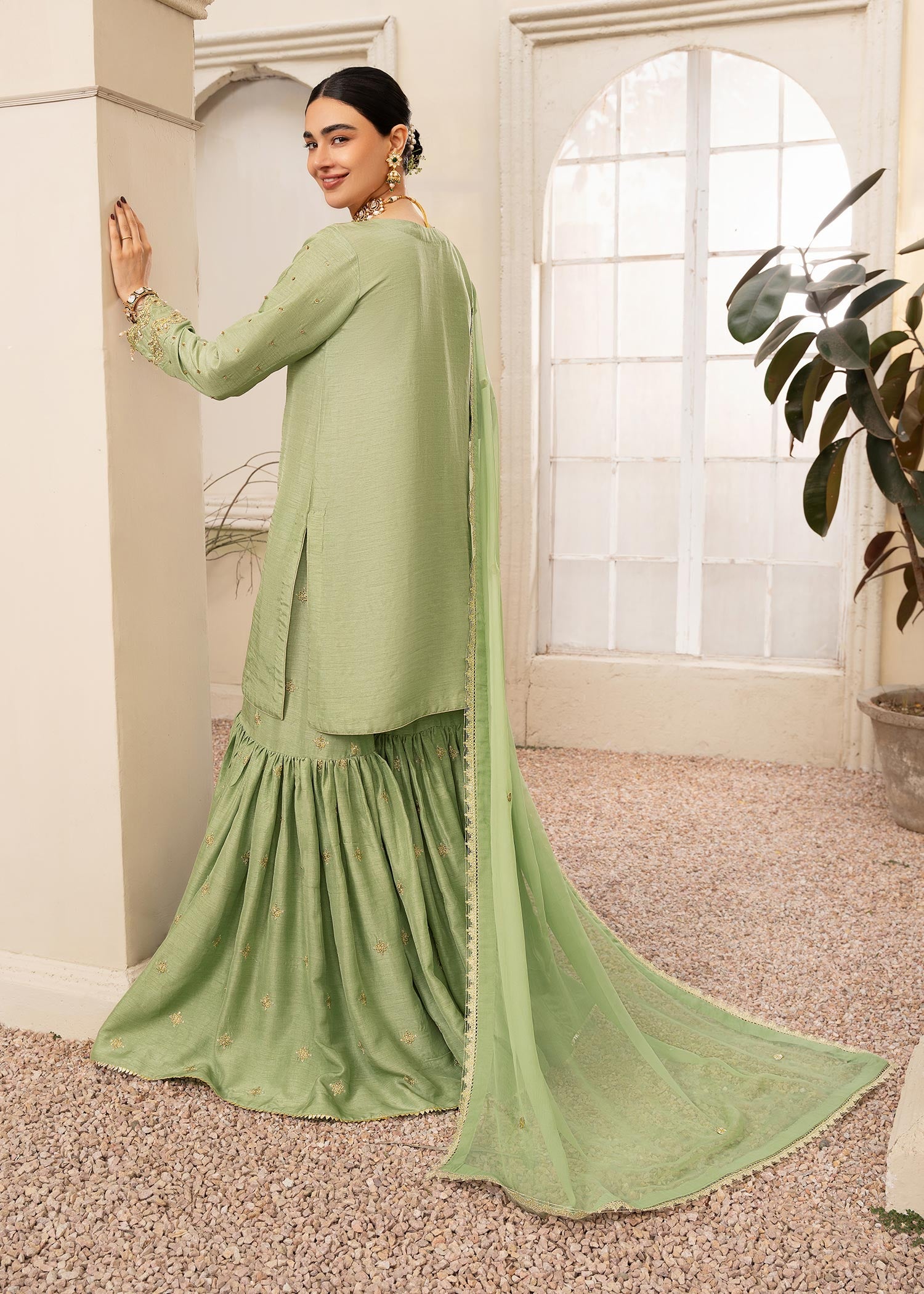 khaddi silk Gharara in Green