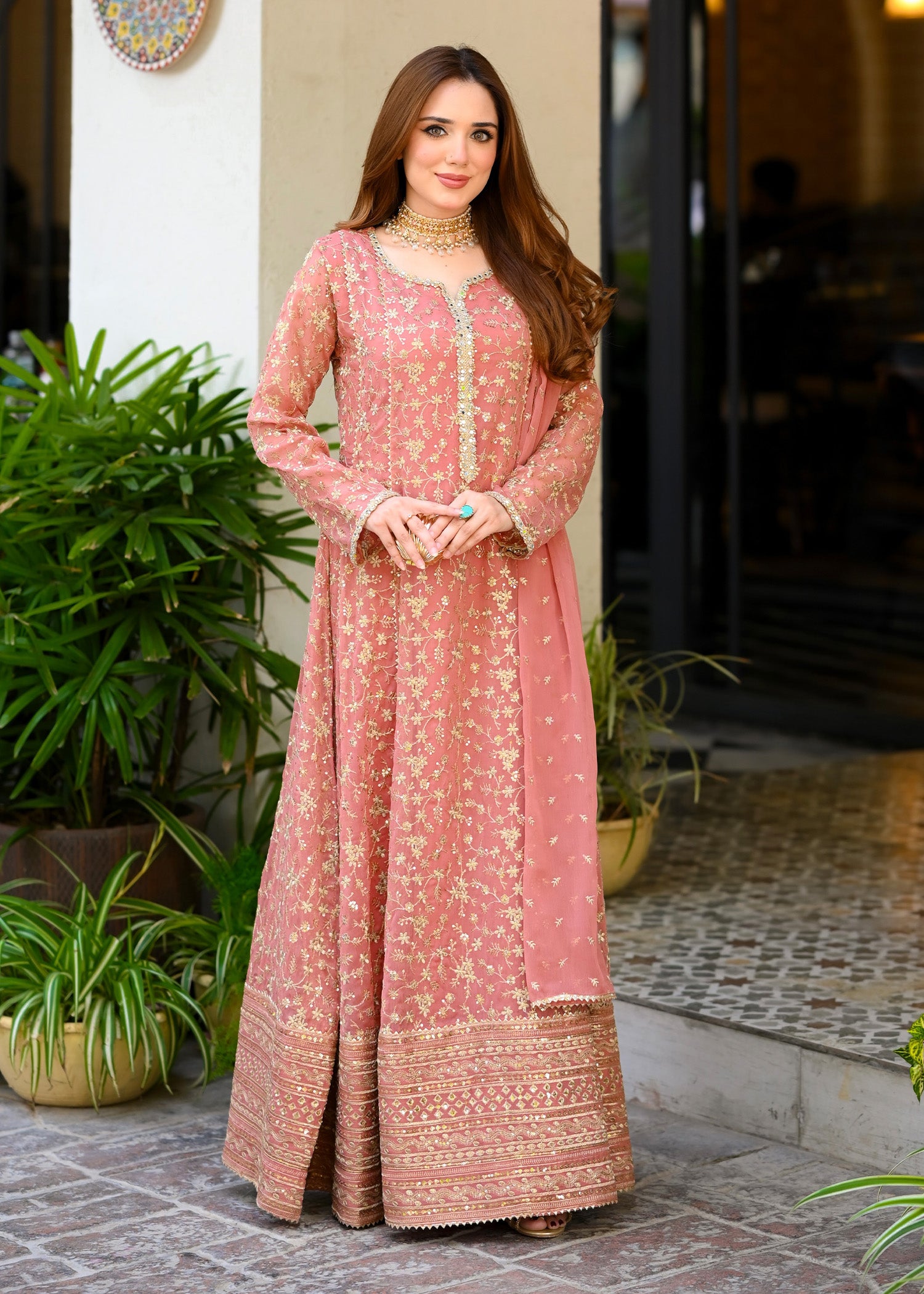 chiffon Pishwas in Coral pink
