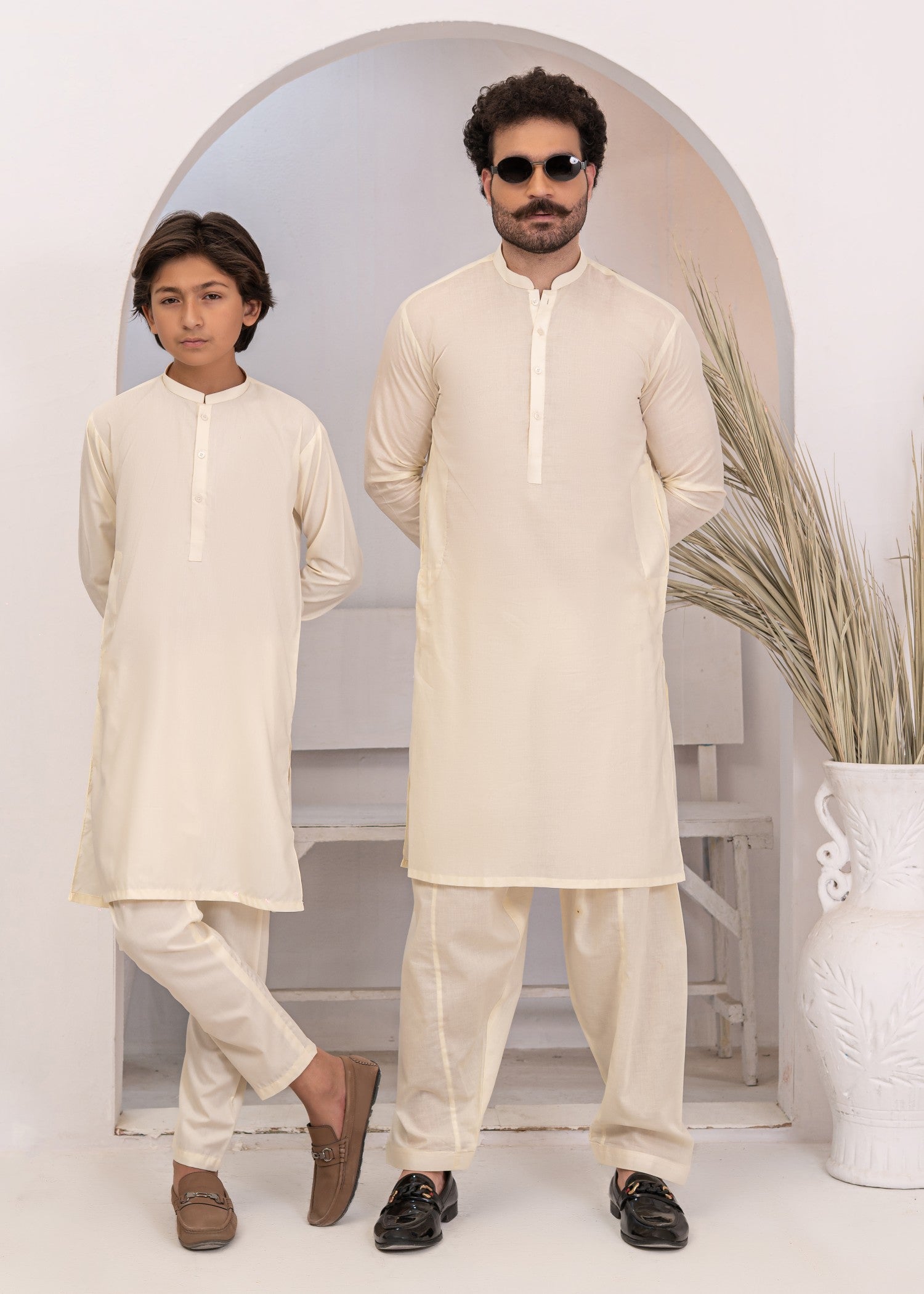 cotton Shalwar Kameez in Cream by Hassan Jee Men