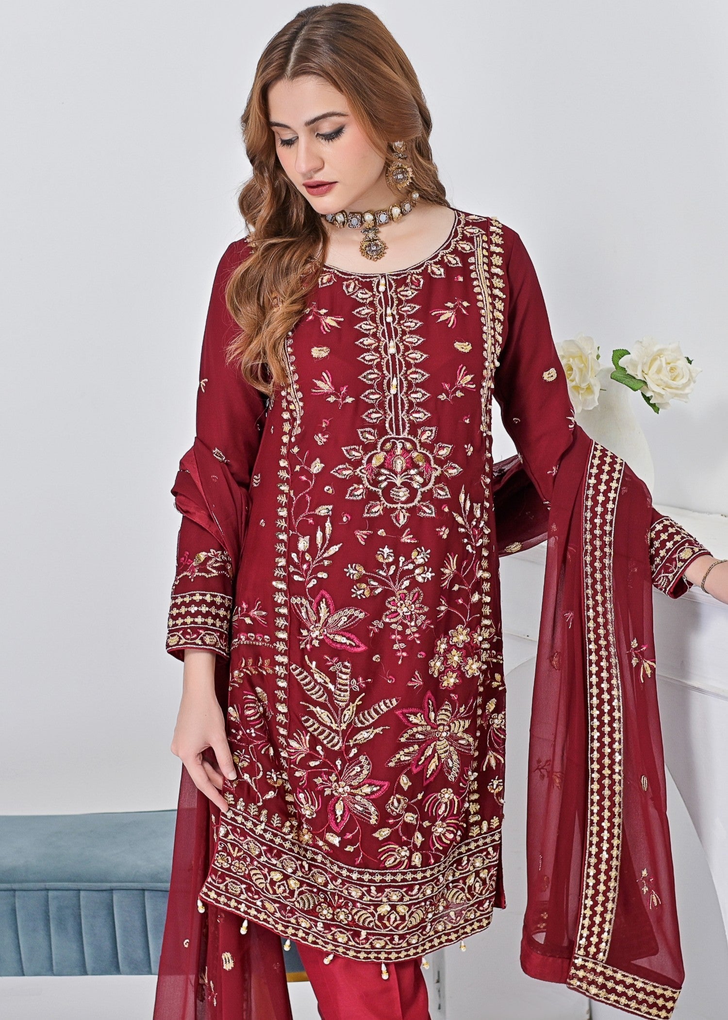 crinkle chiffon Kurta Set in Maroon