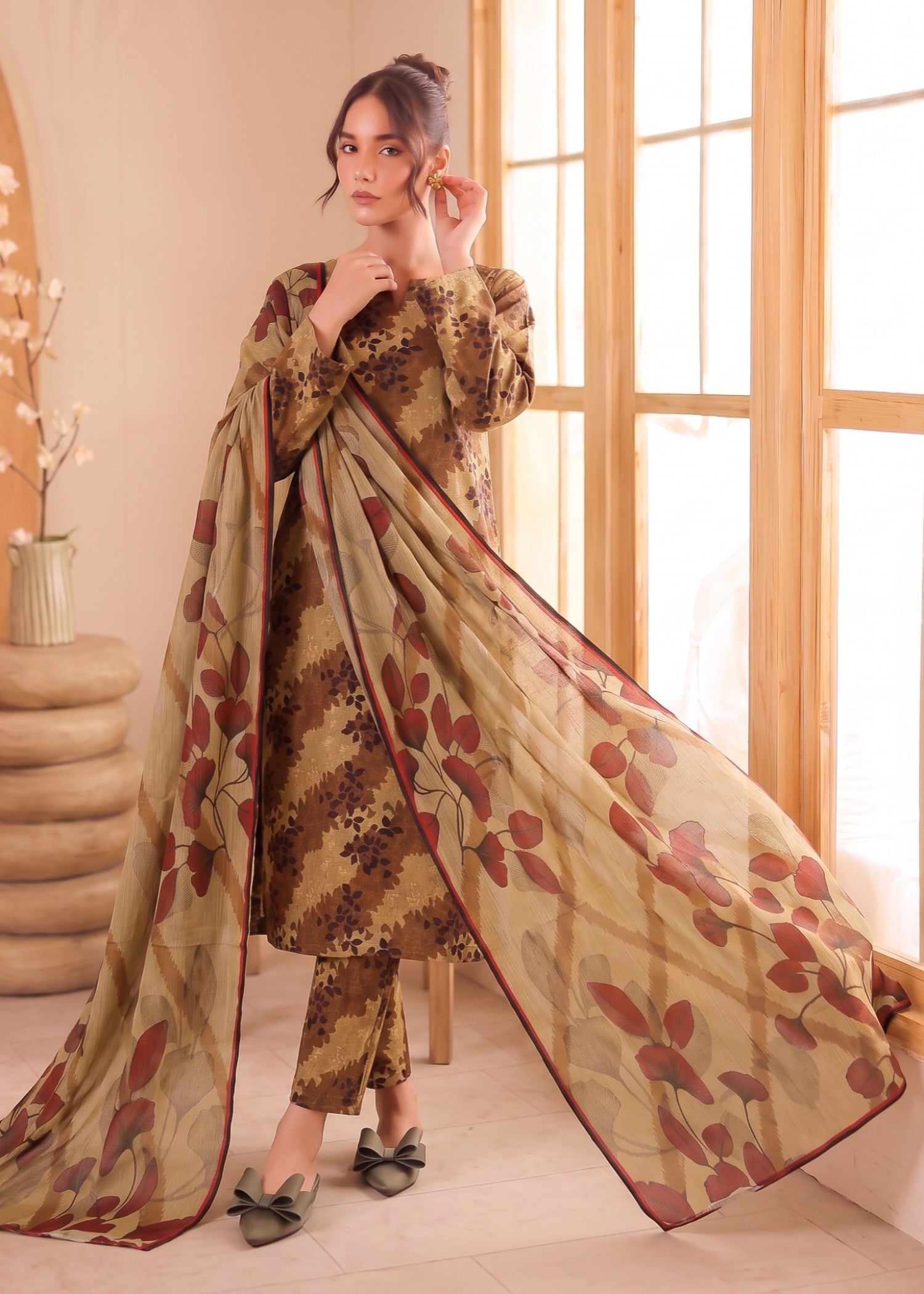 lawn Unstitched in Camel brown, chocolate brown