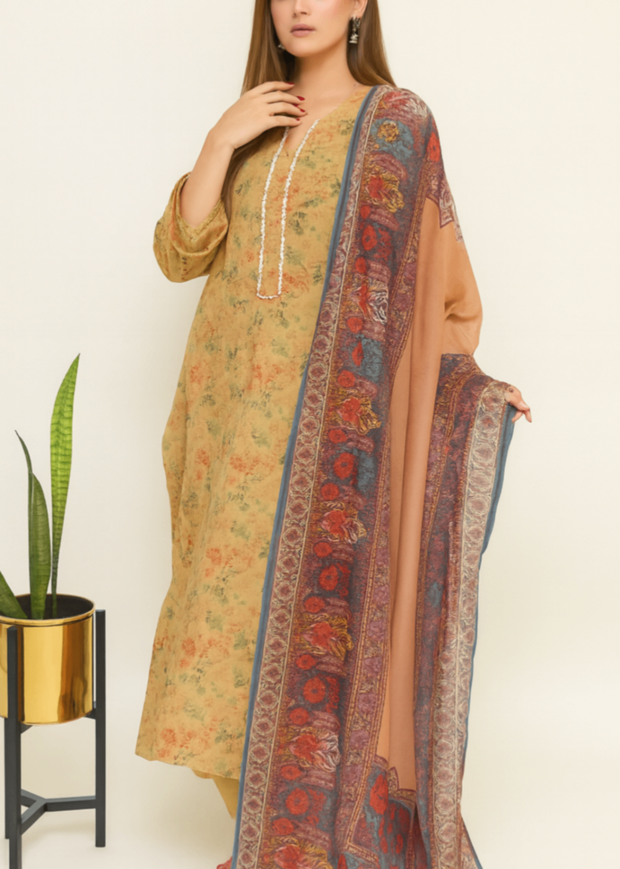 swiss lawn Kurta Set in Camel brown