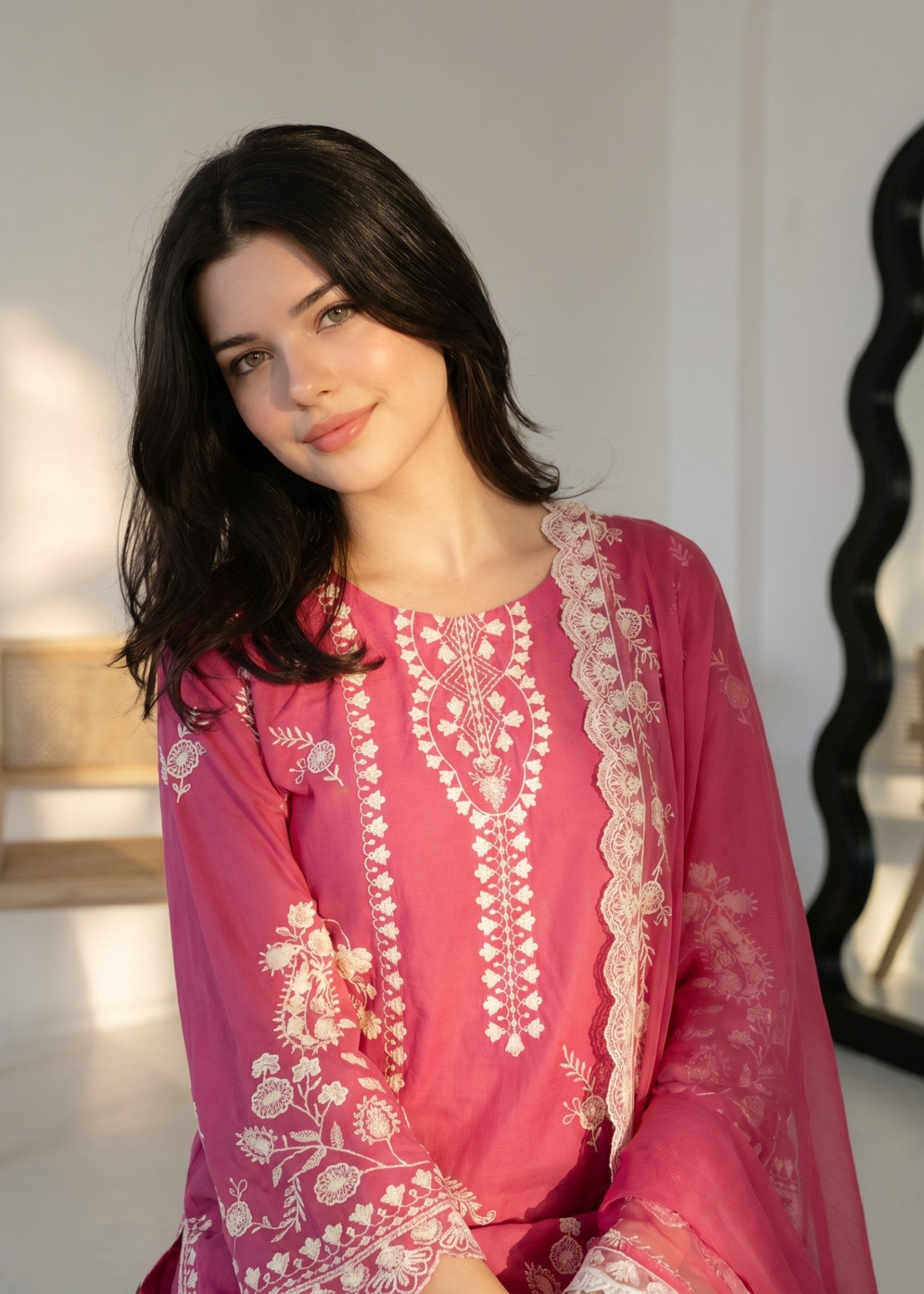 lawn cotton Kurta Set in Bubblegum pink